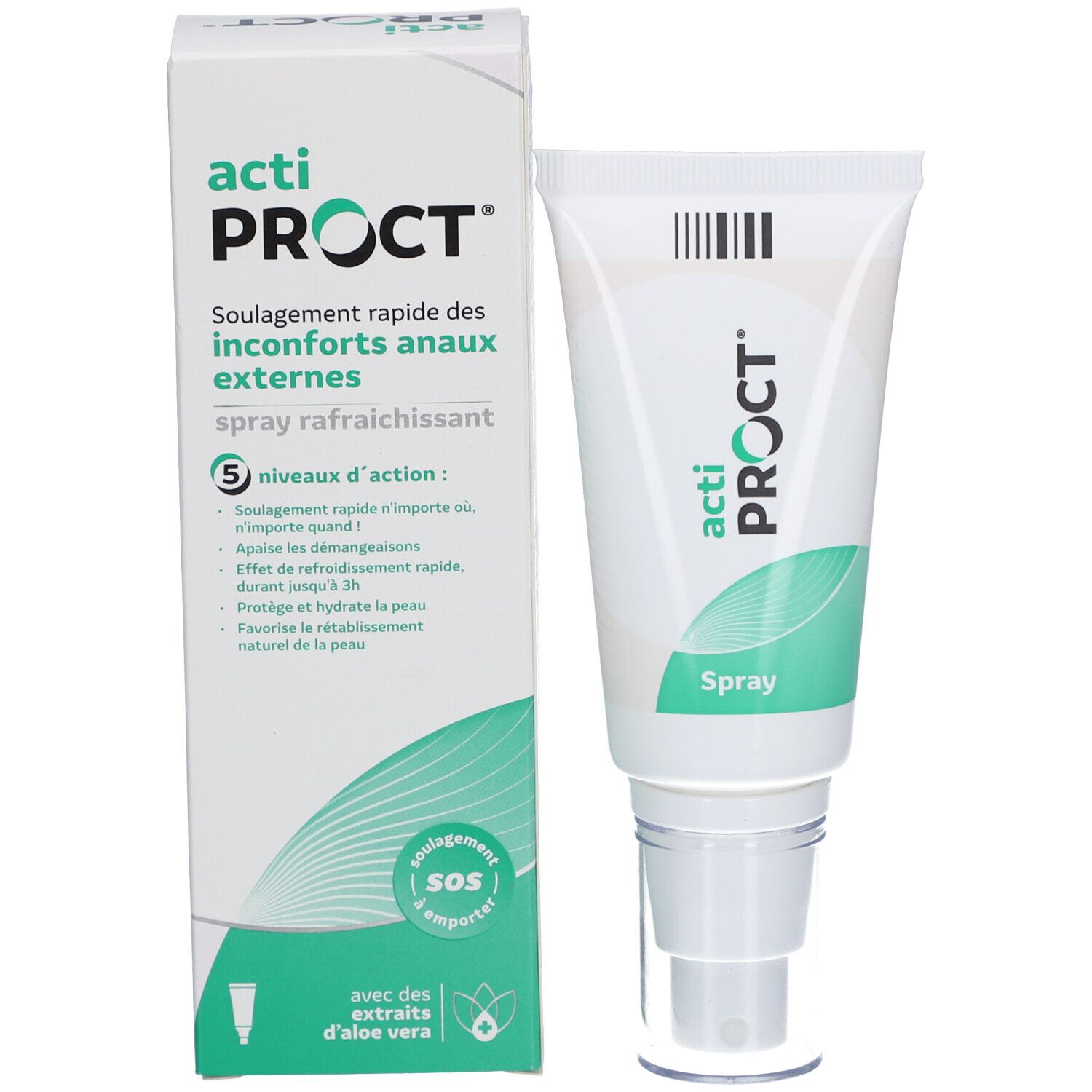 ActiProct Spray und Verpackung. Weiß mit grünen Akzenten. Produktname und Logo. Mit Aloe Vera.