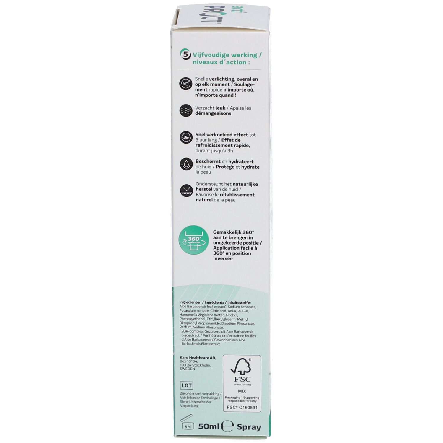 Verpackung von ActiProct Spray. Text in Niederländisch. 5-fache Wirkung. 50ml. FSC-Logo.