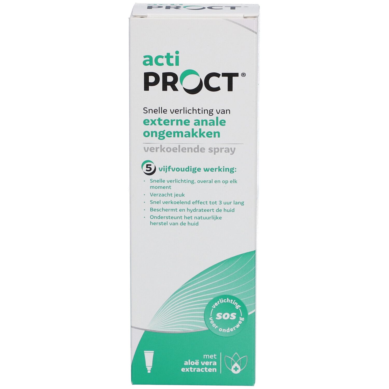 Verpackung von ActiProct Spray. Niederländischer Text. 5-fache Wirkung. Mit Aloe Vera Extrakten.