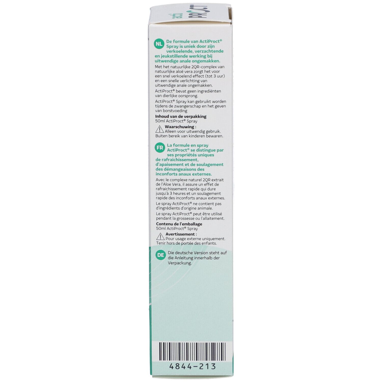 Rückseite der ActiProct Spray Verpackung. Niederländischer Text. 50ml. Warnhinweis. Barcode.