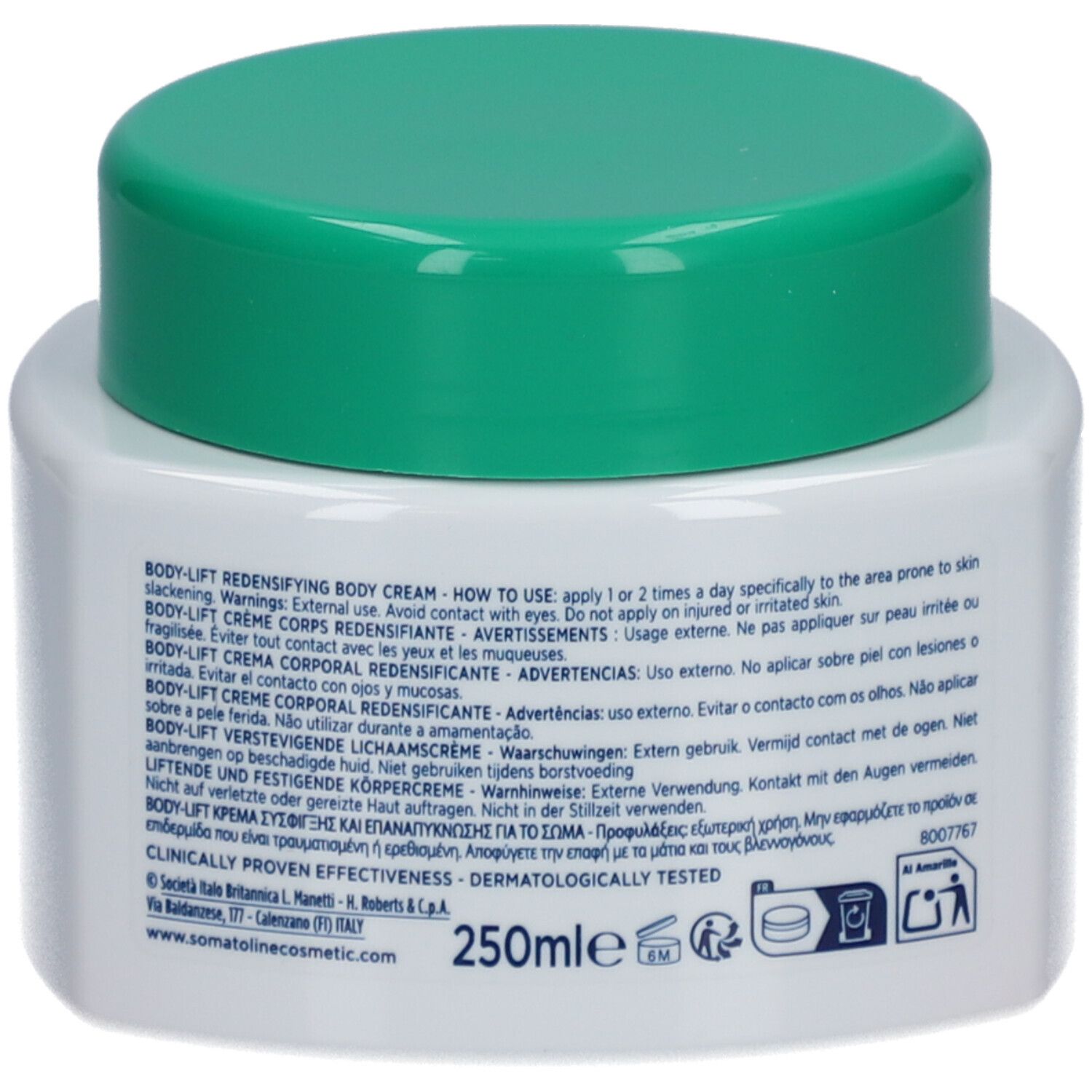 Rückseite des Tiegels. Text: BODY-LIFT, Inhaltsstoffe, Anwendungshinweise, Warnhinweise, Dermatologisch getestet.