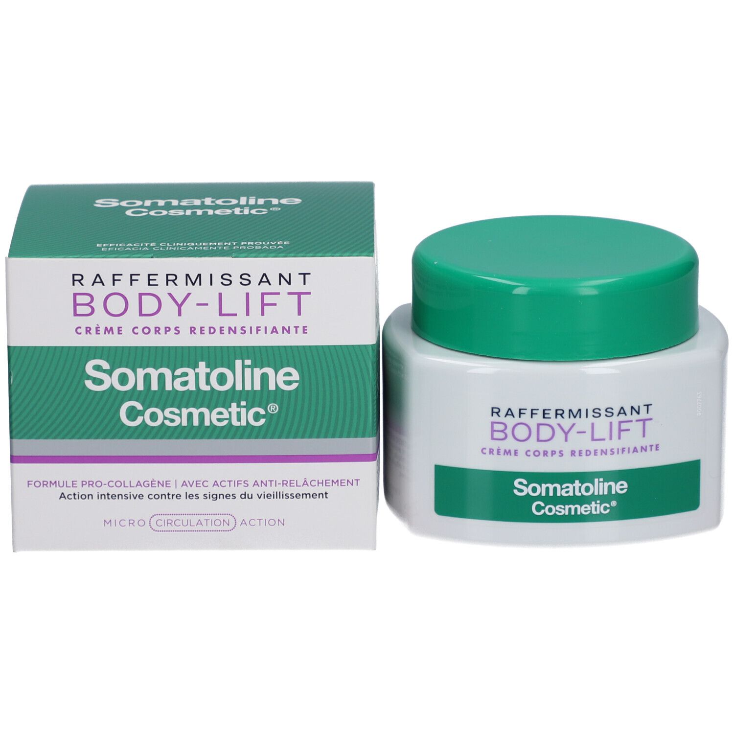 Produktverpackung: Tiegel und Schachtel. Aufschrift: BODY-LIFT, Crème Corps Redensifiante, Somatoline Cosmetic.