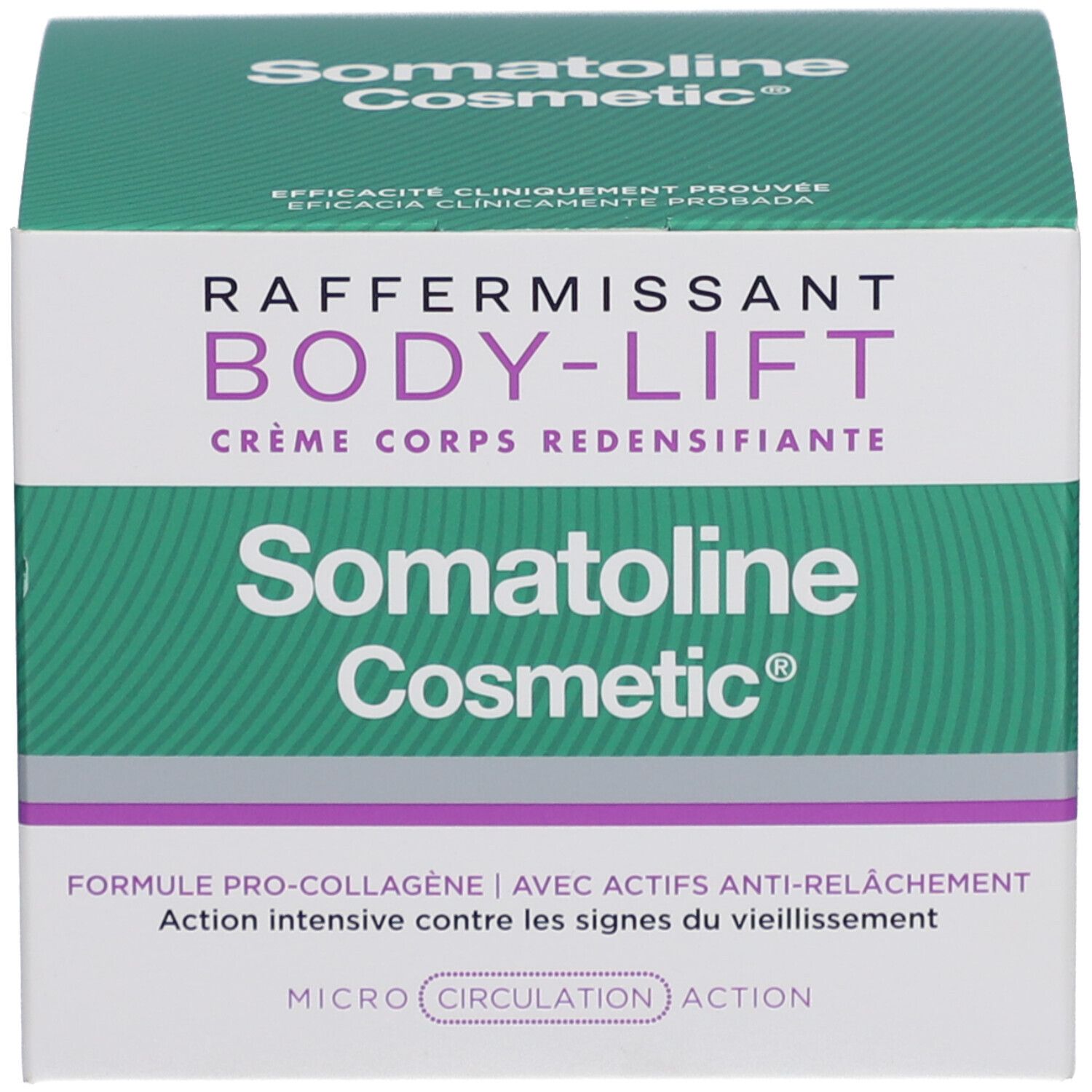 Produktverpackung. Aufschrift: BODY-LIFT, Crème Corps Redensifiante, Somatoline Cosmetic. Formel Pro-Collagen.