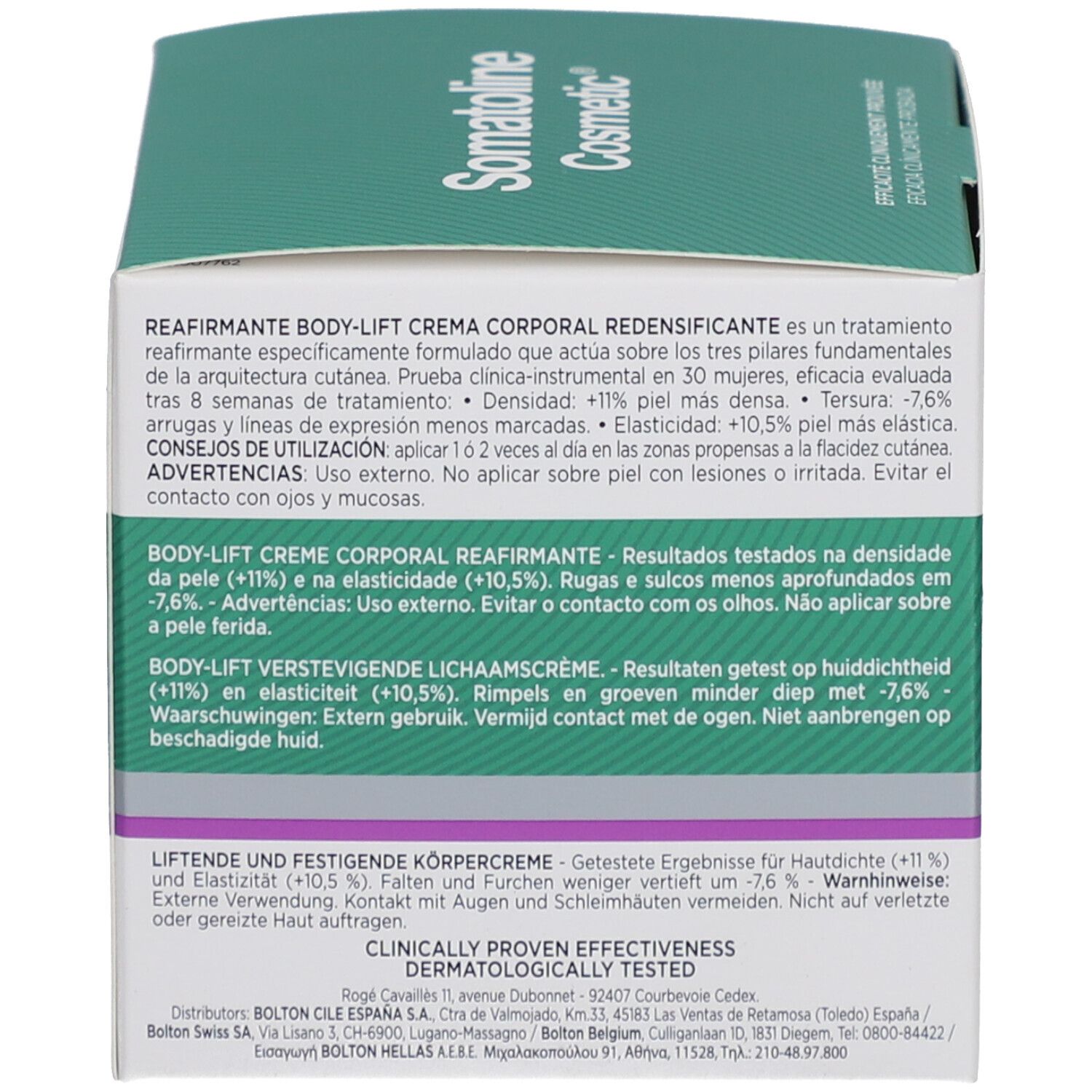 Rückseite der Produktverpackung. Text: BODY-LIFT, Inhaltsstoffe, Anwendungshinweise, dermatologisch getestet.