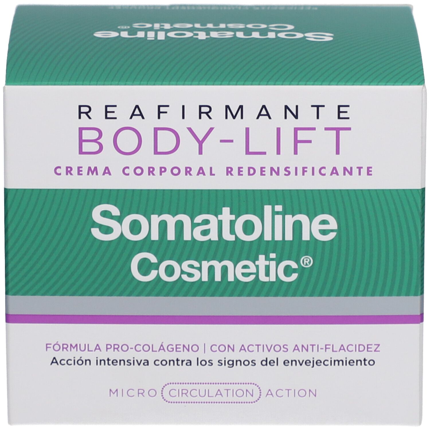 Produktverpackung. Aufschrift: REAFFIRMING BODY-LIFT, Crème Corporal Redensificante, Somatoline Cosmetic.