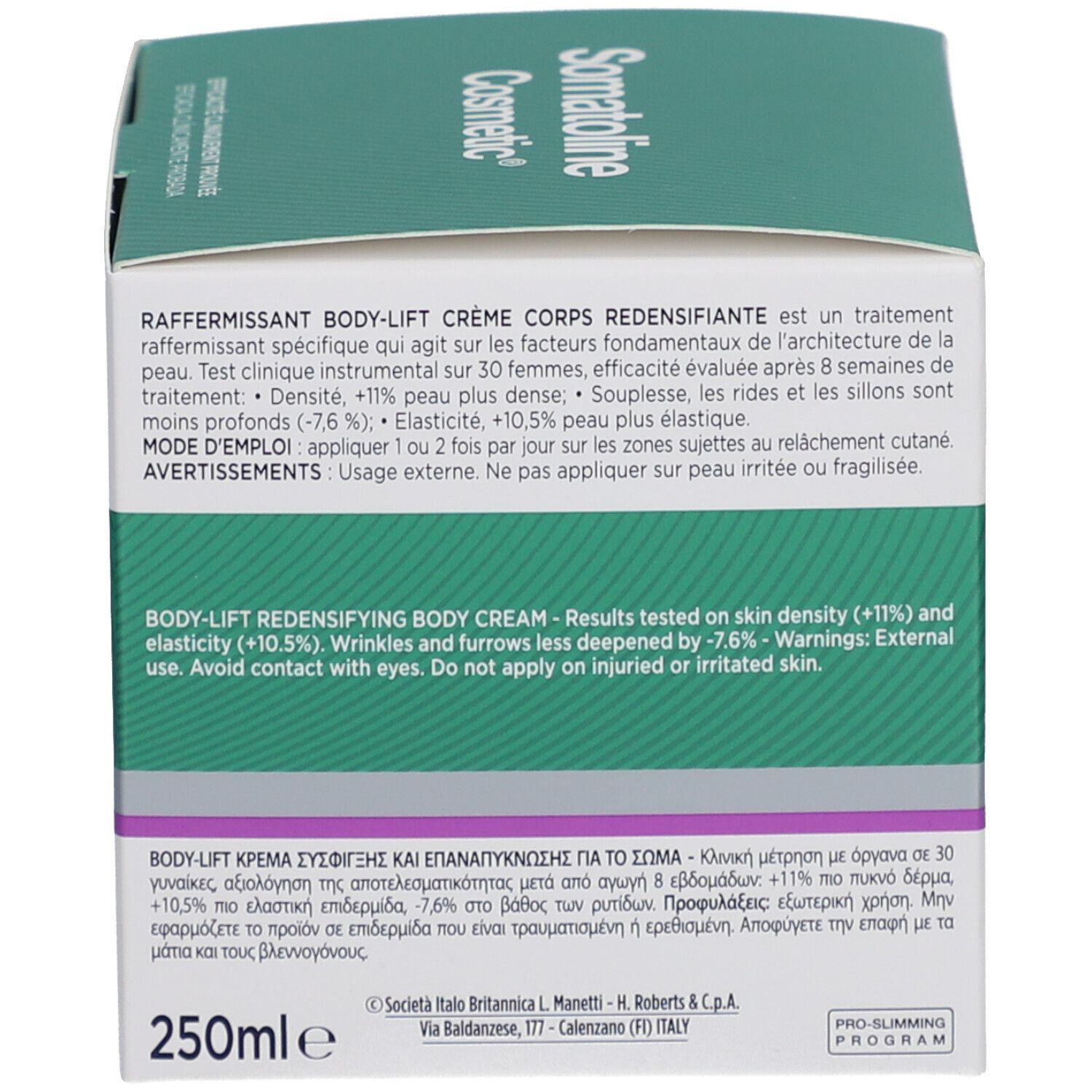 Rückseite der Produktverpackung. Text: BODY-LIFT, Anwendungshinweise, dermatologisch getestet, 250ml.