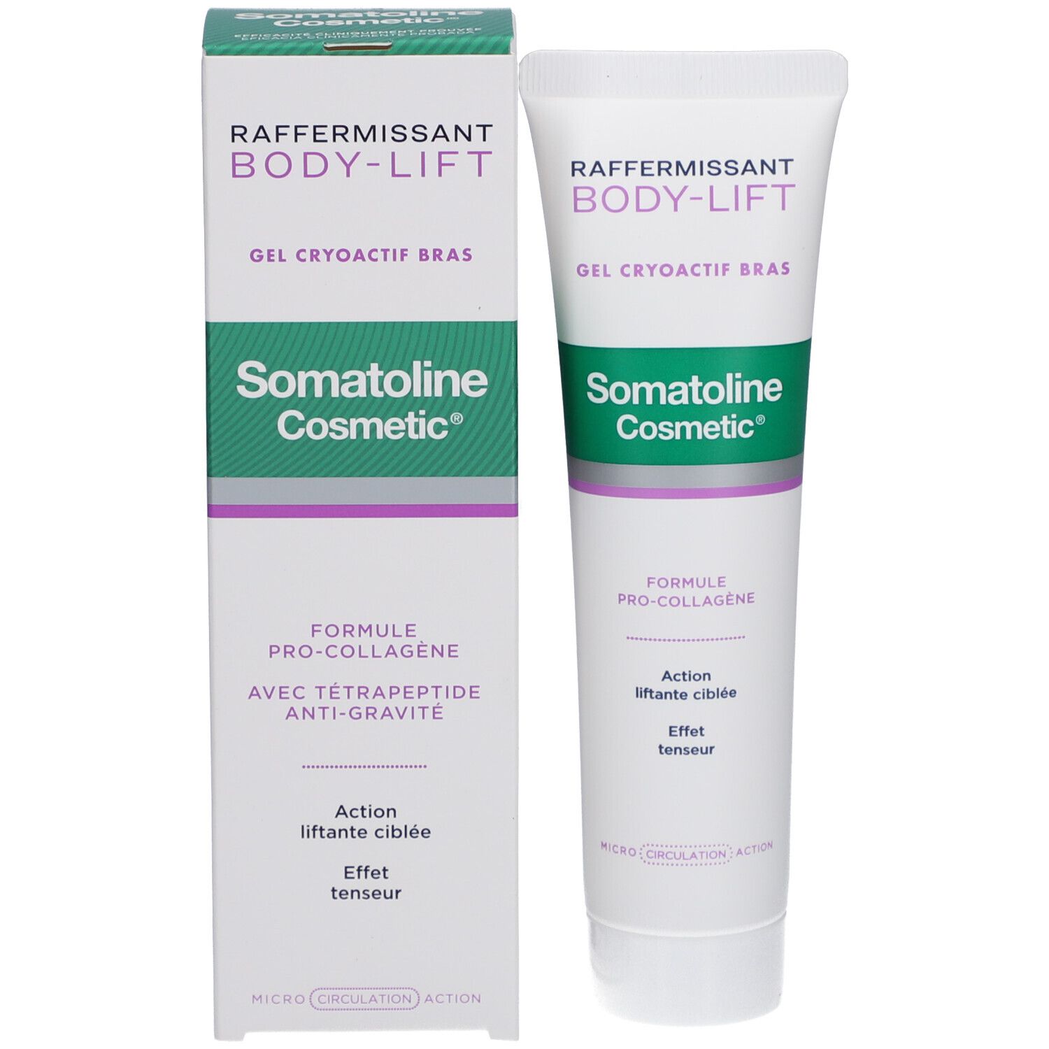 Produkt und Verpackung. Weißer Tubenbehälter und Schachtel. Aufschrift: Body-Lift, Gel Cryoactif Bras, Somatoline Cosmetic.
