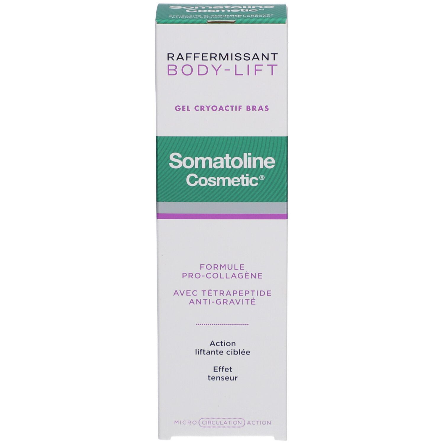 Schachtel mit Produktinformationen. Aufschrift: Body-Lift, Gel Cryoactif Bras, Somatoline Cosmetic. Mit Tetra-Peptid.