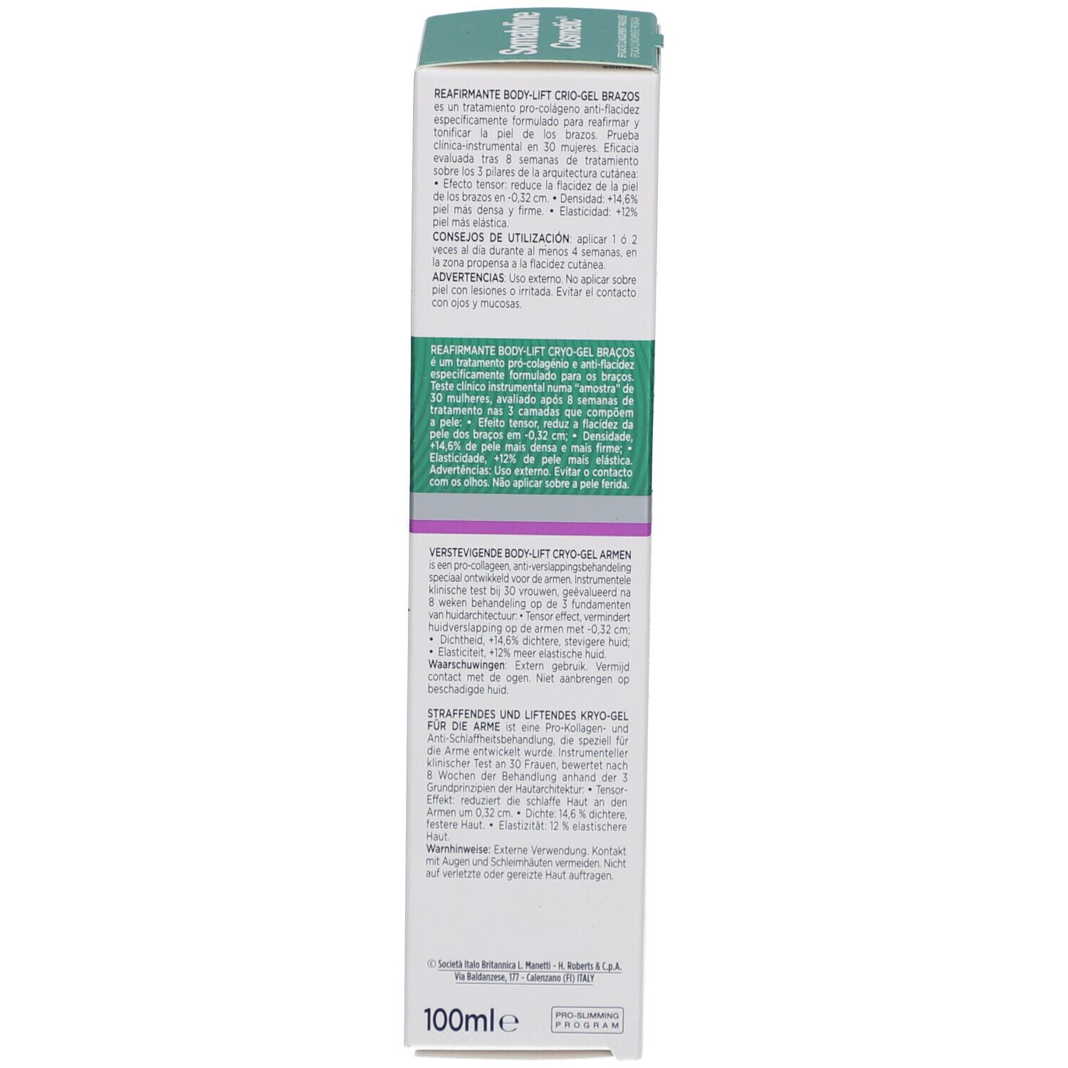 Rückseite der Schachtel. Text in mehreren Sprachen. Aufschrift: Body-Lift, Gel Cryoactif Bras, Somatoline Cosmetic. 100ml.
