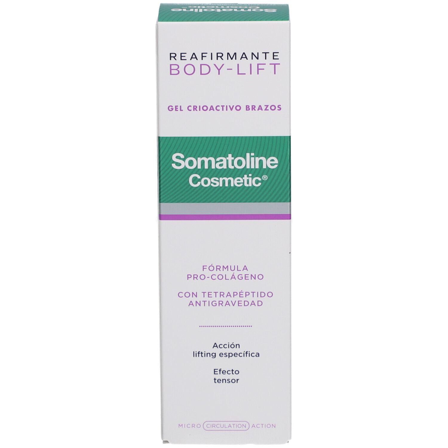 Schachtel mit Produktinformationen. Aufschrift: Body-Lift, Gel Cryoactivo Brazos, Somatoline Cosmetic. Mit Tetra-Peptid.