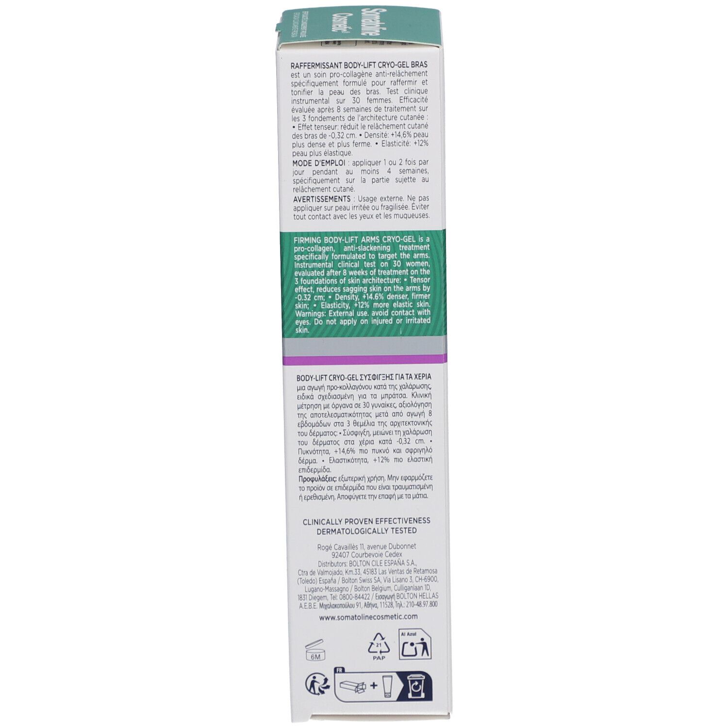Rückseite der Schachtel. Text in mehreren Sprachen. Aufschrift: Body-Lift, Gel Cryoactivo Brazos, Somatoline Cosmetic. 100ml.