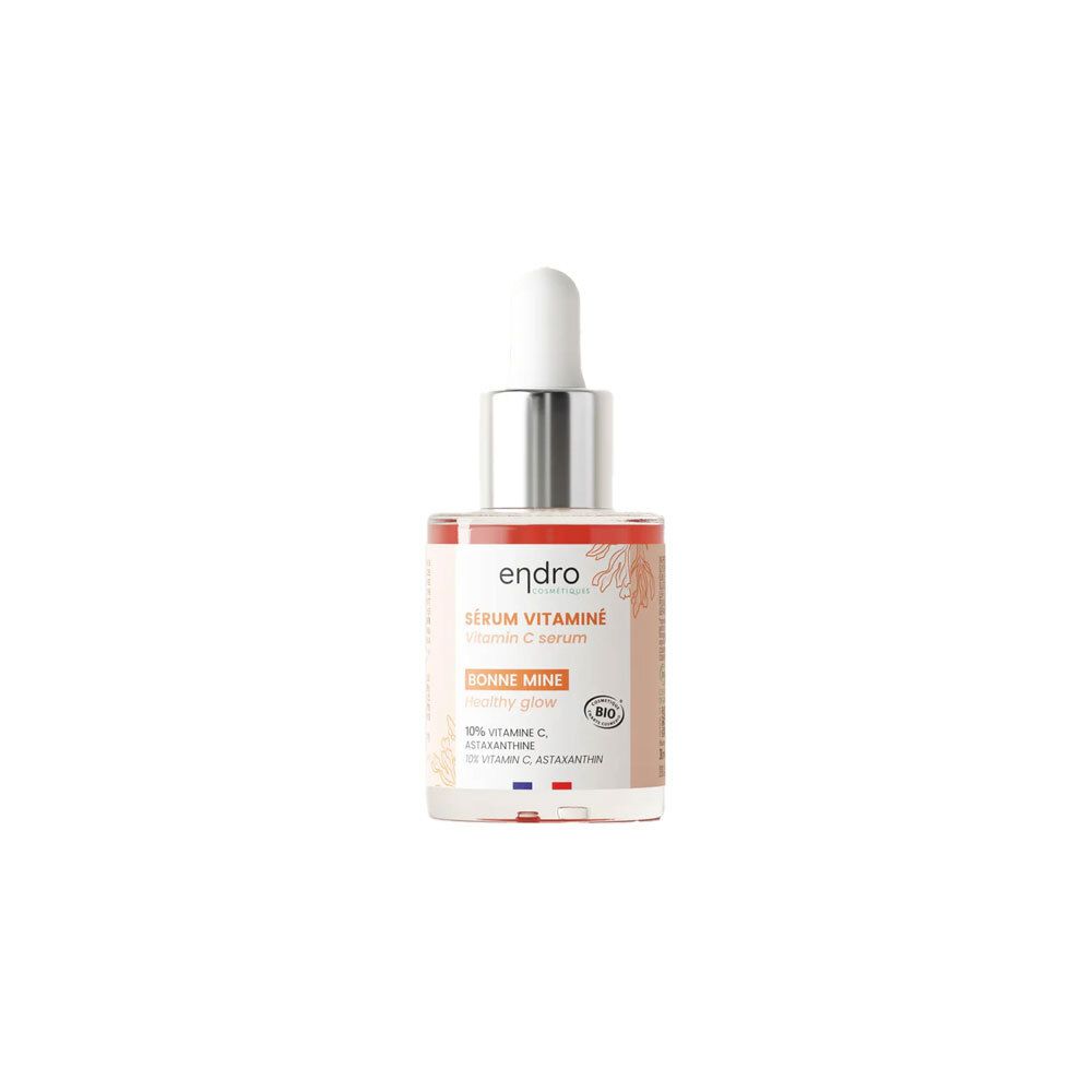 Serumfles met pipet. Opschrift: Endro, Sérum Vitaminé, Bonne Mine. Bio-label. Franse vlag.