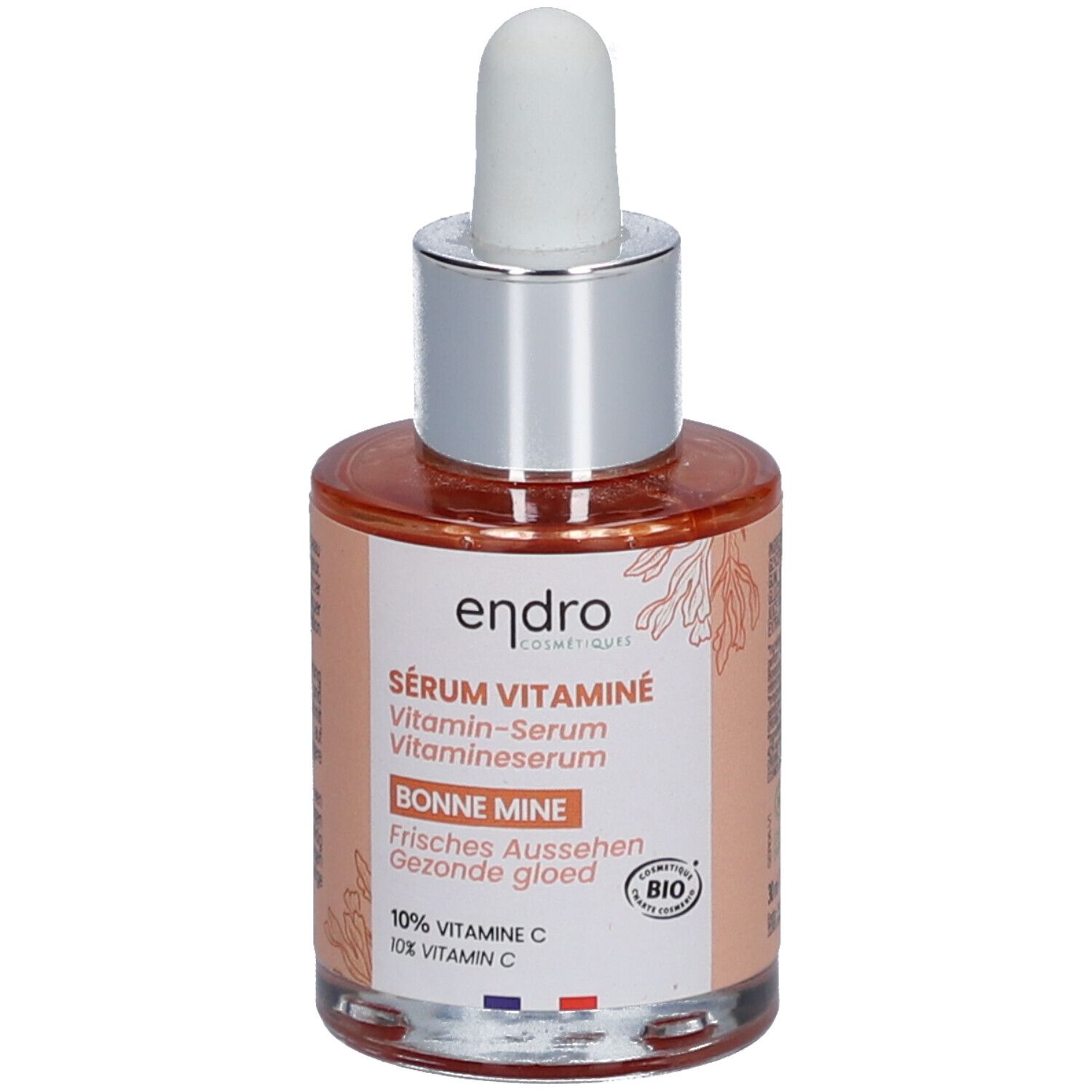 Serumfles met pipet. Opschrift: Endro, Sérum Vitaminé, Bonne Mine. Bio-label. Franse vlag.
