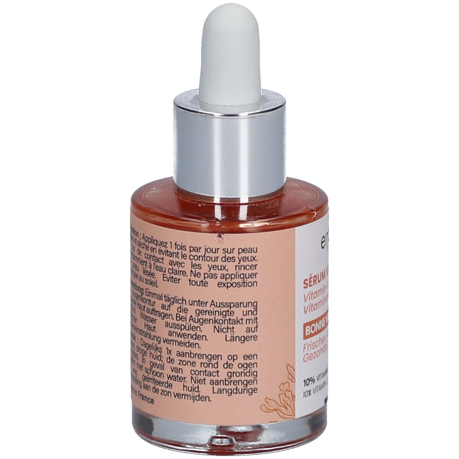 Serumfles met pipet. Achterkant met tekst. Opschrift: Endro, Sérum Vitaminé, Bonne Mine. Bio-label. Franse vlag.