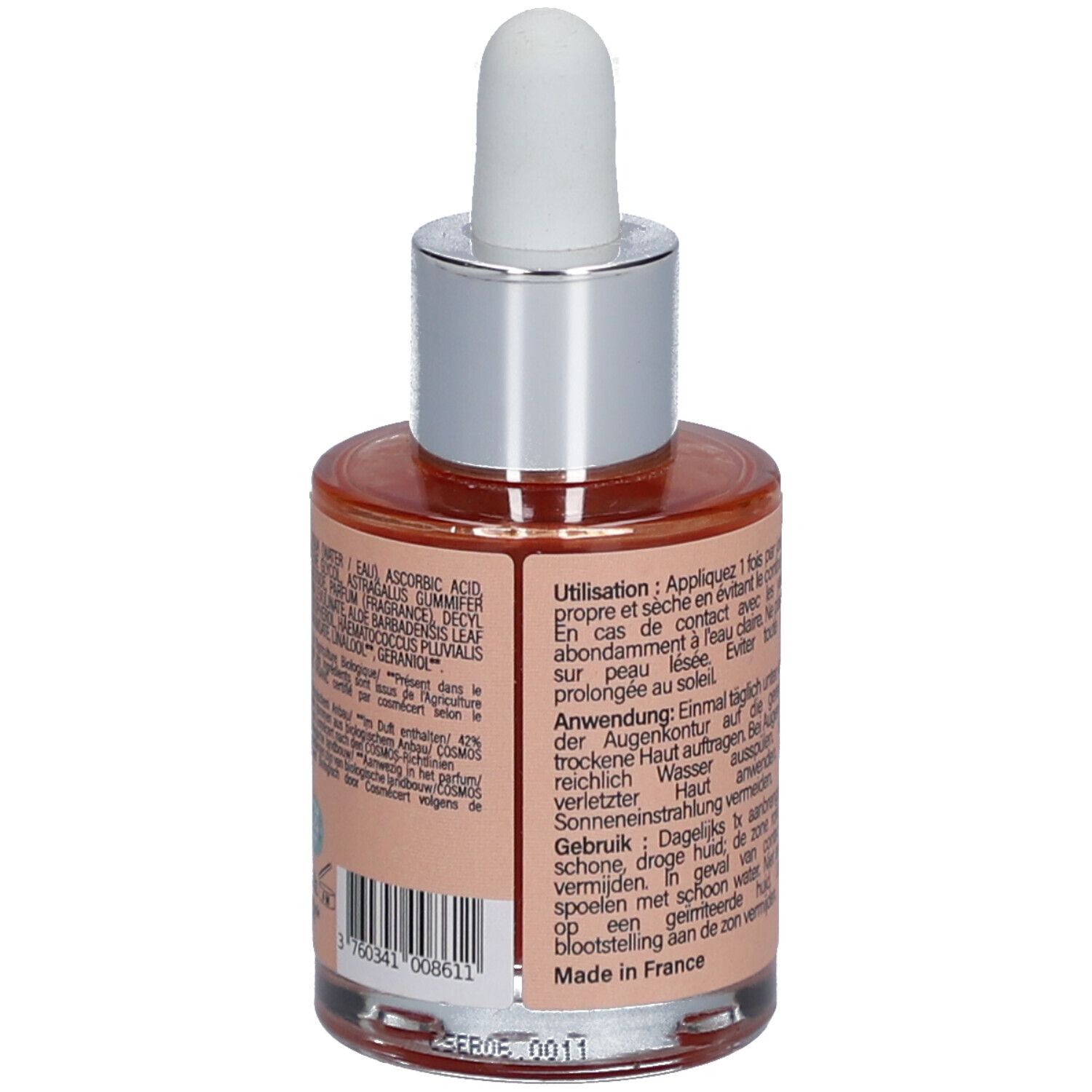 Serumfles met pipet. Achterkant met tekst. Opschrift: Endro, Sérum Vitaminé, Bonne Mine. Bio-label. Franse vlag.