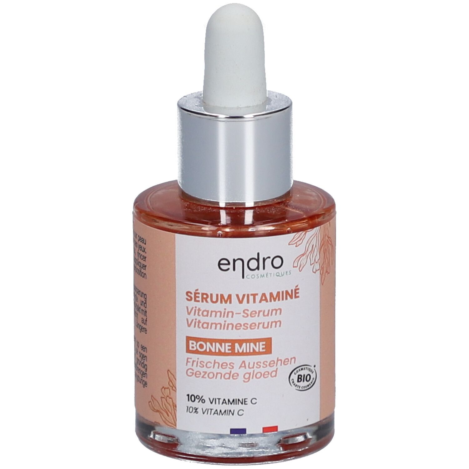 Serumfles met pipet. Opschrift: Endro, Sérum Vitaminé, Bonne Mine. Bio-label. Franse vlag.