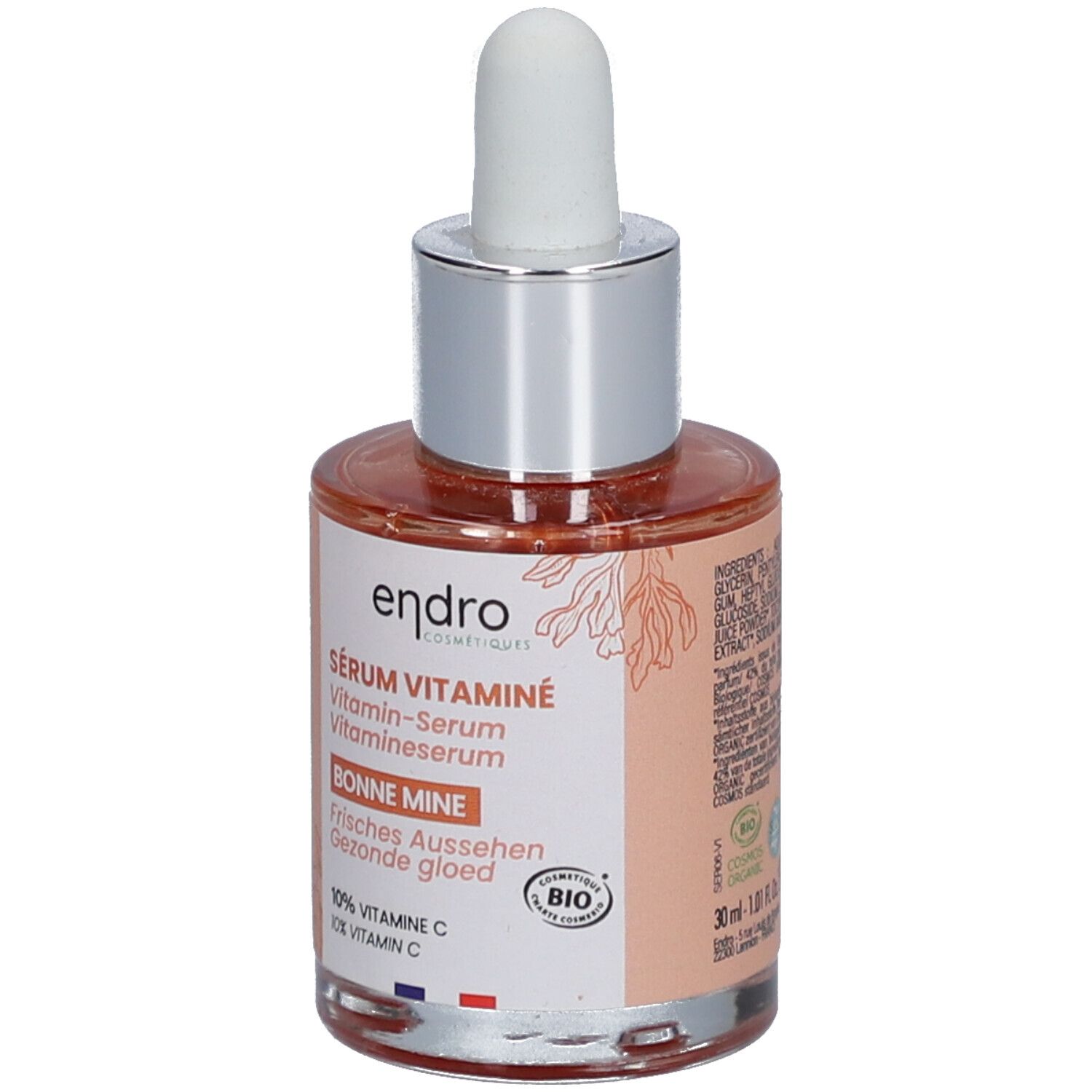 Serumfles met pipet. Opschrift: Endro, Sérum Vitaminé, Bonne Mine. Bio-label. Franse vlag. 30 ml.