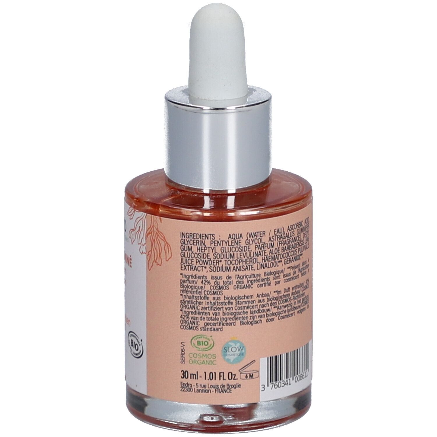 Serumfles met pipet. Achterkant met ingrediënten en tekst. Bio-label. Franse vlag. 30 ml.