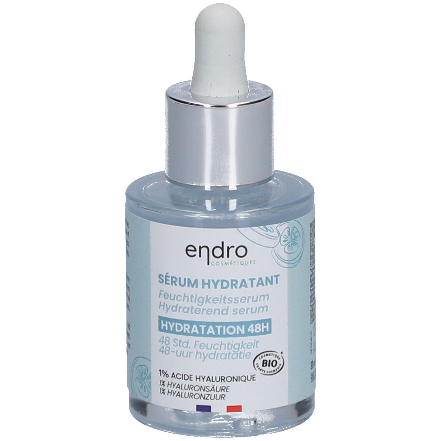 Flacon de sérum avec pipette. Inscription: Endro, Sérum Hydratant, Hydratation 48h. Label Bio. Drapeau français.