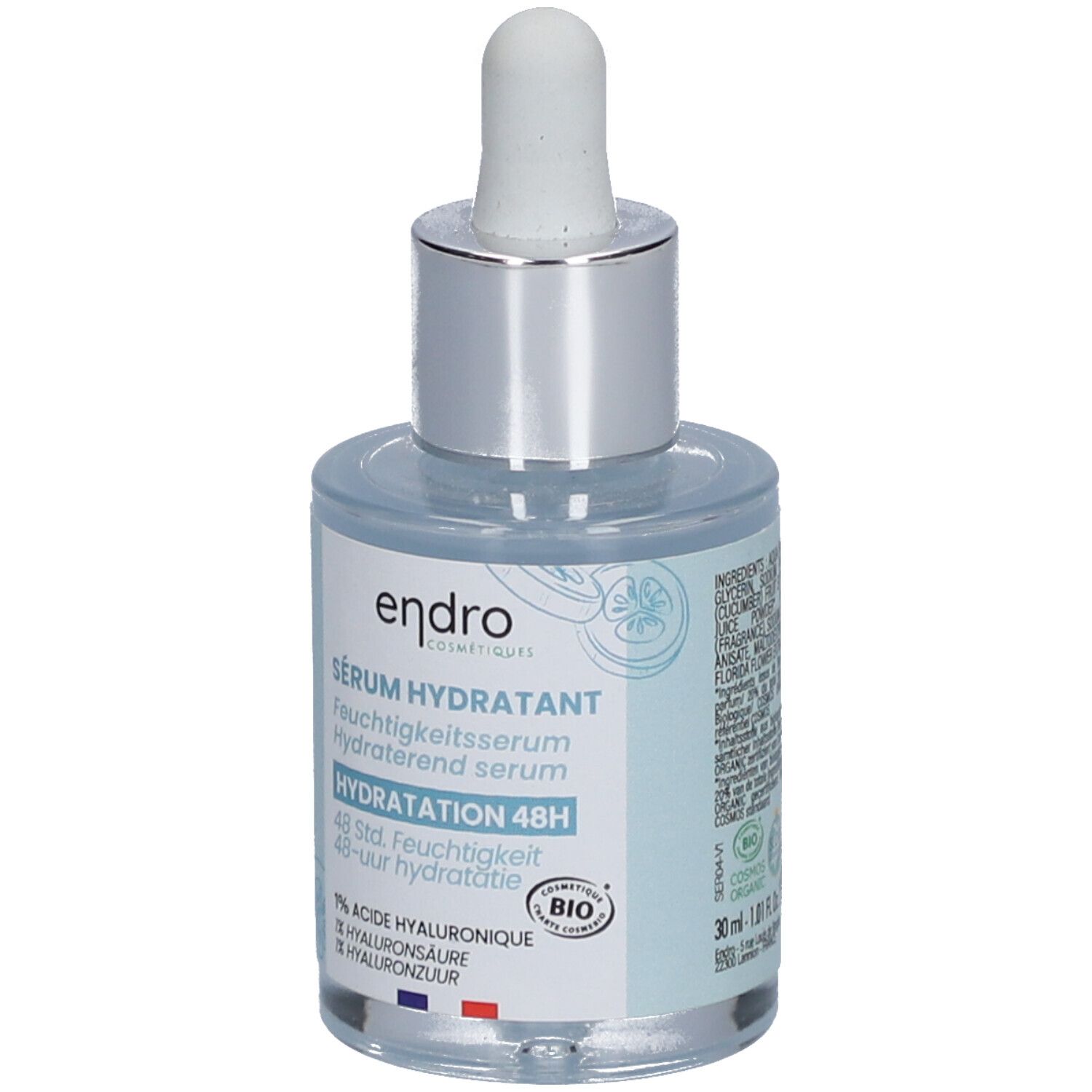 Flacon de sérum avec pipette. Inscription: Endro, Sérum Hydratant, Hydratation 48h. Label Bio. Volume: 30 ml.