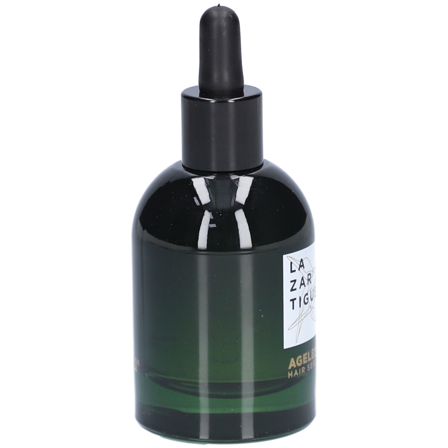 Grüne Glasflasche mit schwarzem Deckel und Pipette. Aufschrift: LAZARTIGUE, AGeLESS HAIR SERUM.