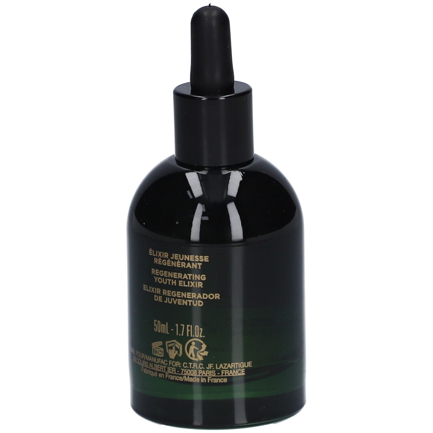 Grüne Glasflasche mit schwarzem Deckel und Pipette. Aufschrift: ELIXIR JEUNESSE REGENERANT, 50ml.