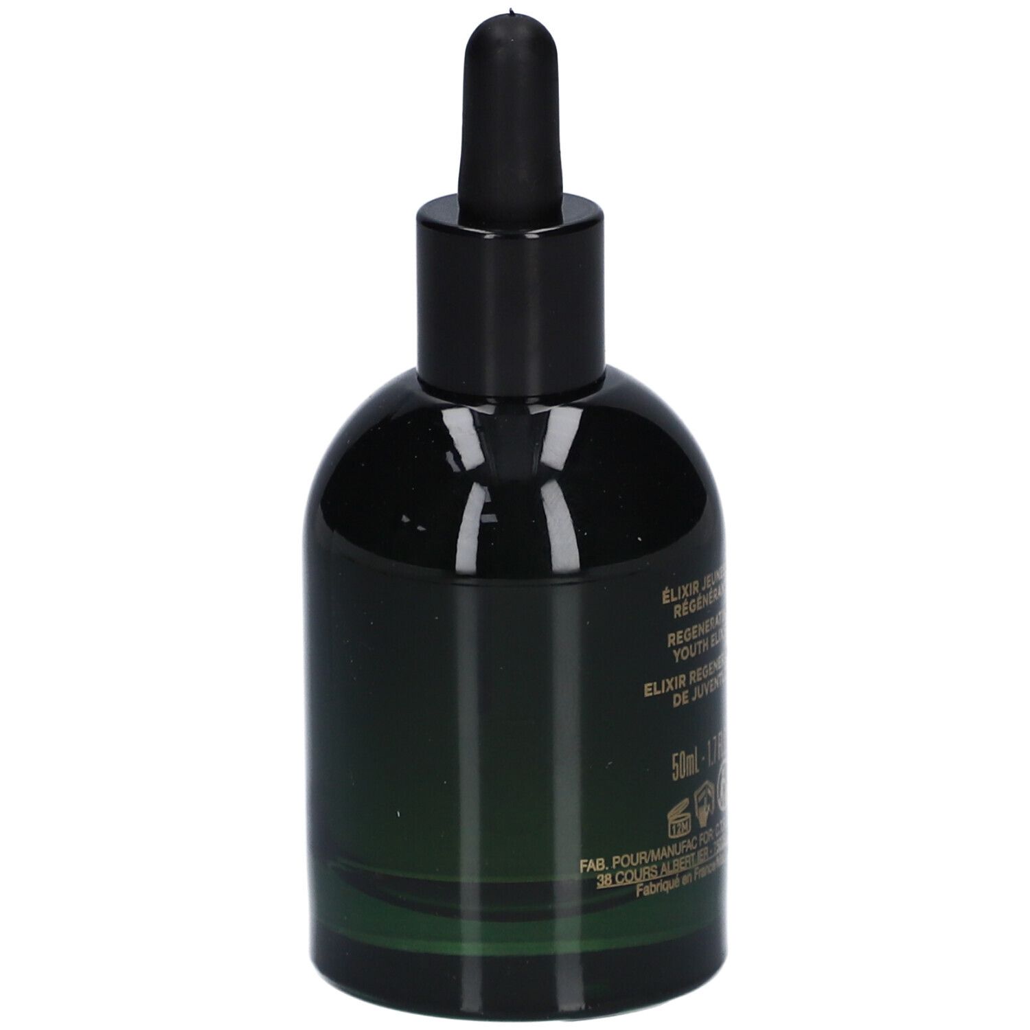 Grüne Glasflasche mit schwarzem Deckel und Pipette. Aufschrift: ELIXIR JEUNESSE REGENERANT, 50ml.