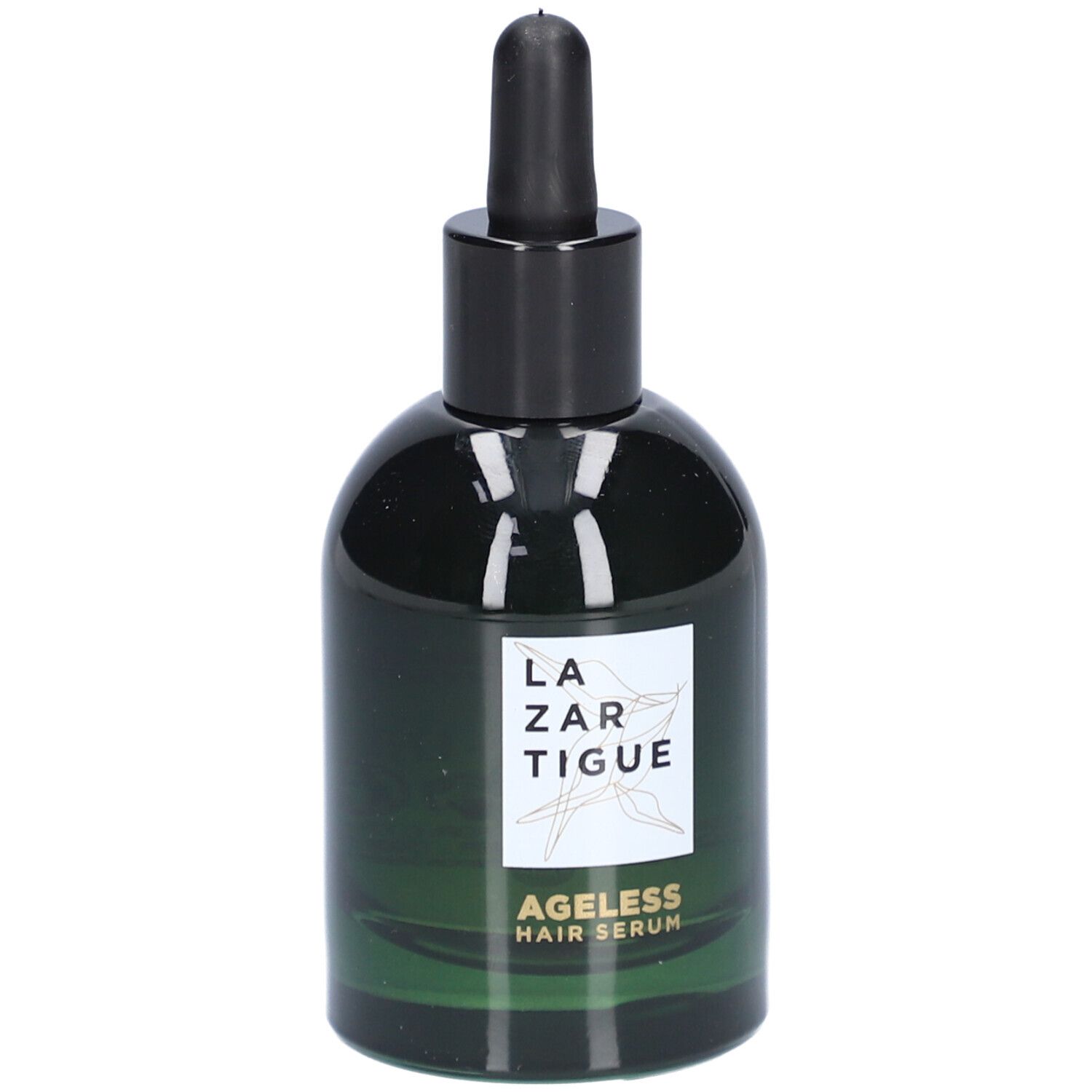 Grüne Glasflasche mit schwarzem Deckel und Pipette. Aufschrift: LAZARTIGUE, AGeLESS HAIR SERUM.