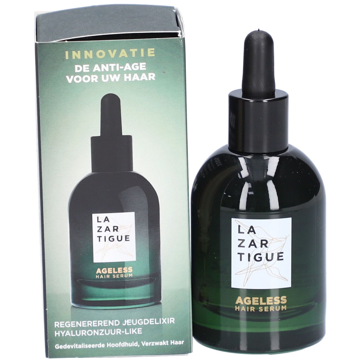 Produktflasche und Verpackung. Flasche: LAZARTIGUE, AGeLESS HAIR SERUM. Verpackung: INNOVATIE, voor uw haar.