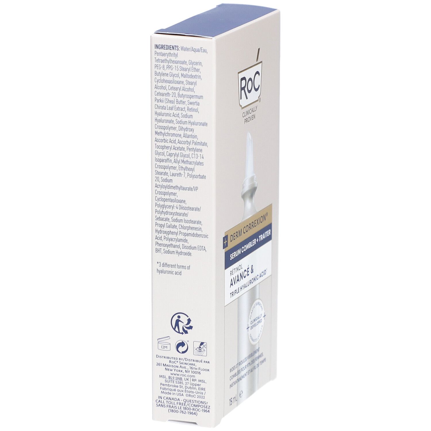 Seitenansicht der RoC Derm Correxion Serum-Verpackung. Enthält Inhaltsstoffe und Produktinformationen. Weißer Karton mit blauem Deckel.