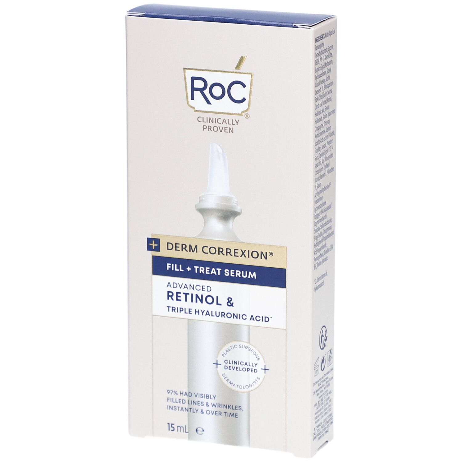 RoC Derm Correxion Serum-Verpackung. Weißer Karton mit Produktabbildung und Text. Enthält Retinol und Hyaluronsäure.