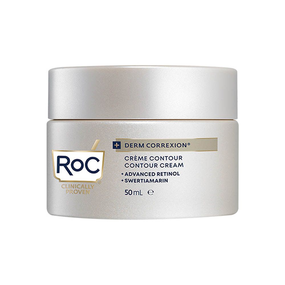 Pot de crème avec couvercle. Inscriptions : RoC, Derm Correxion, Crème Contour, Advanced Retinol, Swertiamarin. 50 ml.