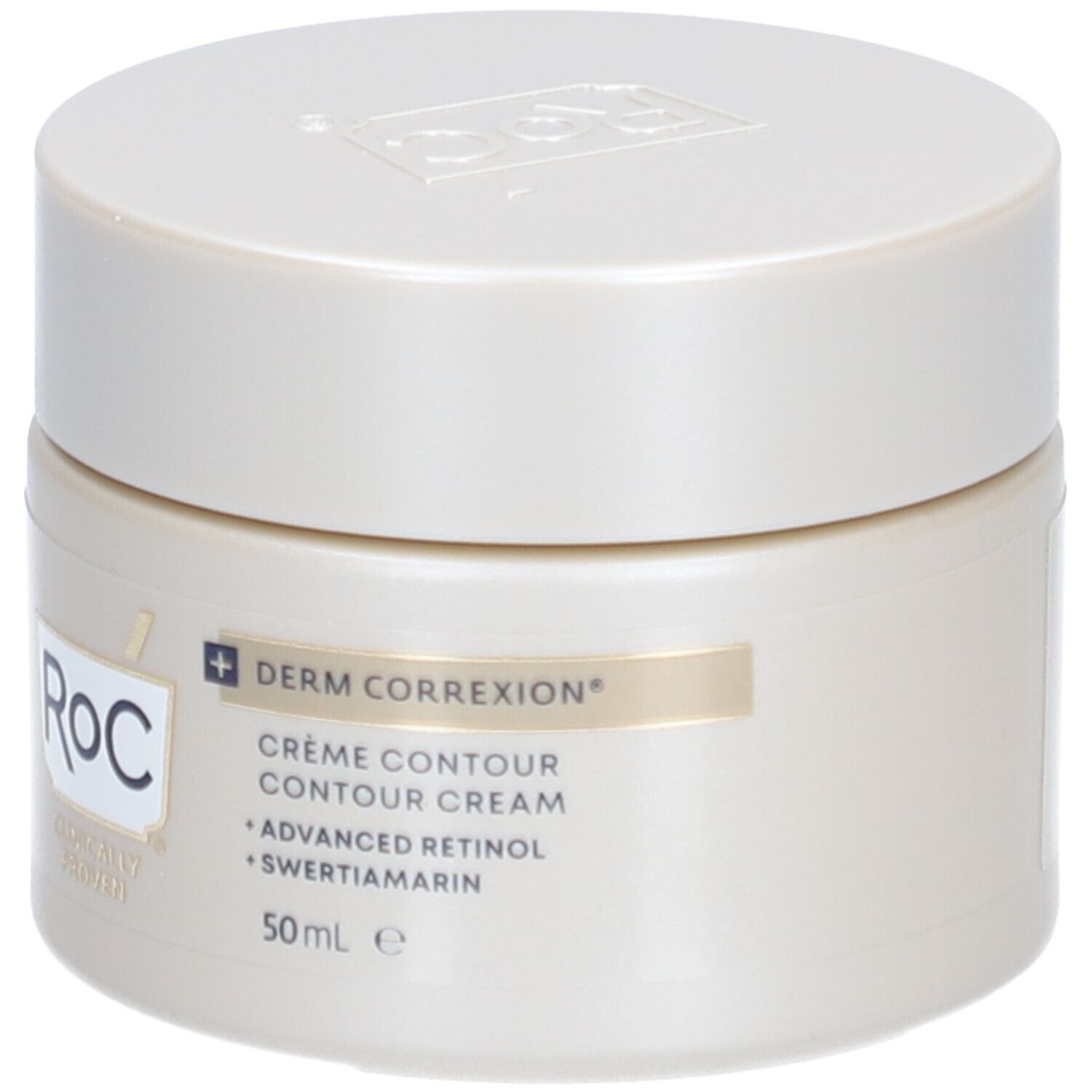 Pot de crème avec couvercle. Inscriptions : RoC, Derm Correxion, Crème Contour, Advanced Retinol, Swertiamarin. 50 ml.