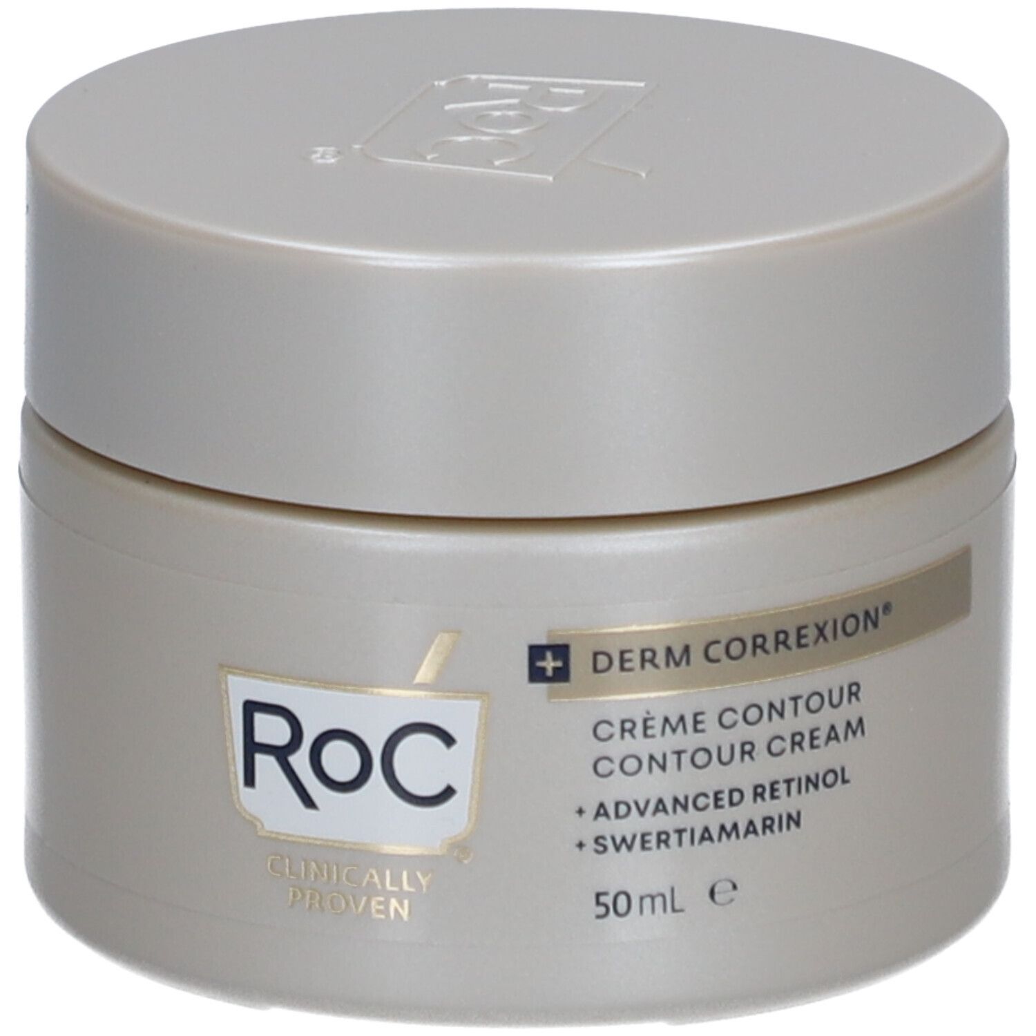 Pot de crème avec couvercle. Inscriptions : RoC, Derm Correxion, Crème Contour, Advanced Retinol, Swertiamarin. 50 ml.