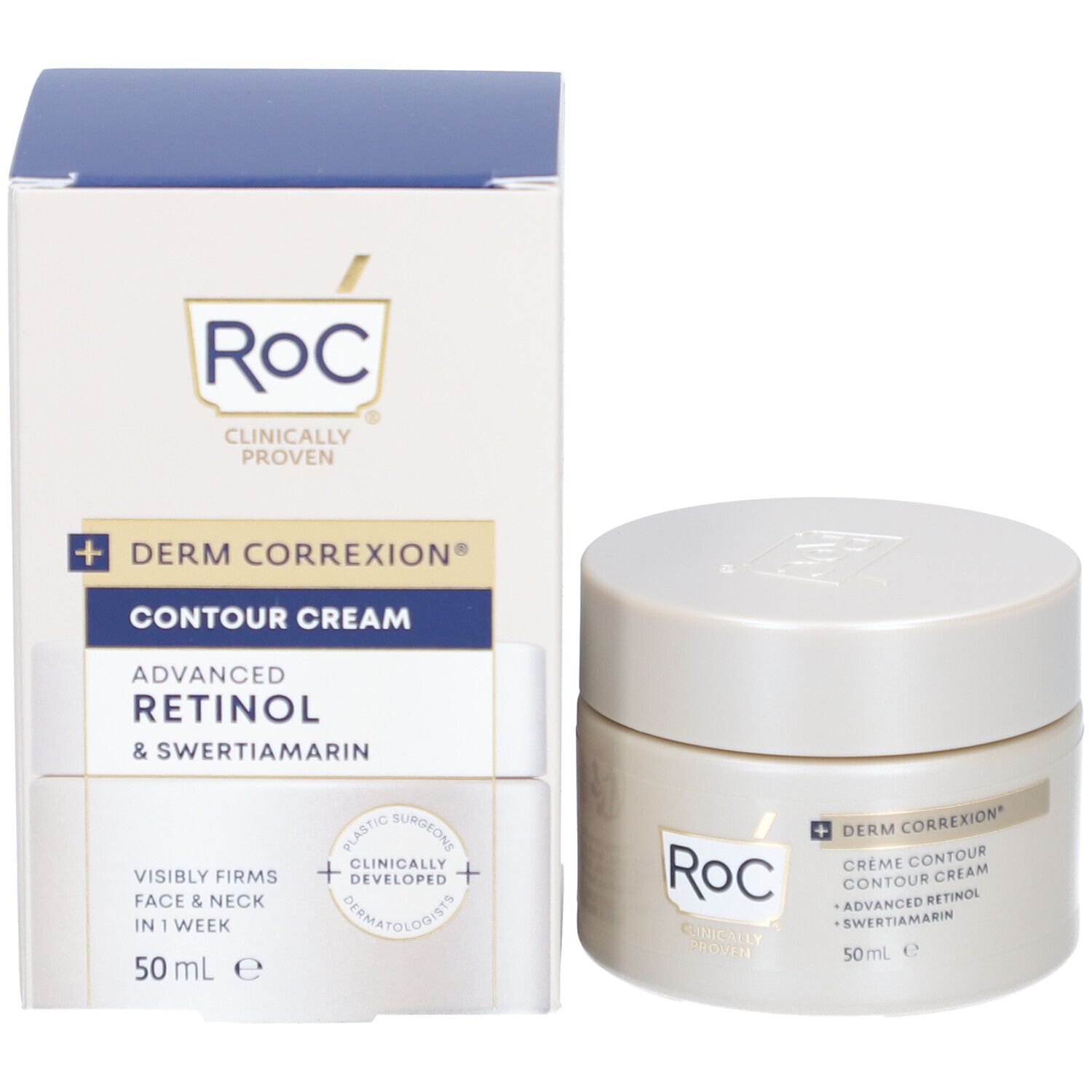 Emballage et pot de crème. Inscriptions : RoC, Derm Correxion, Contour Cream, Advanced Retinol. 50 ml.