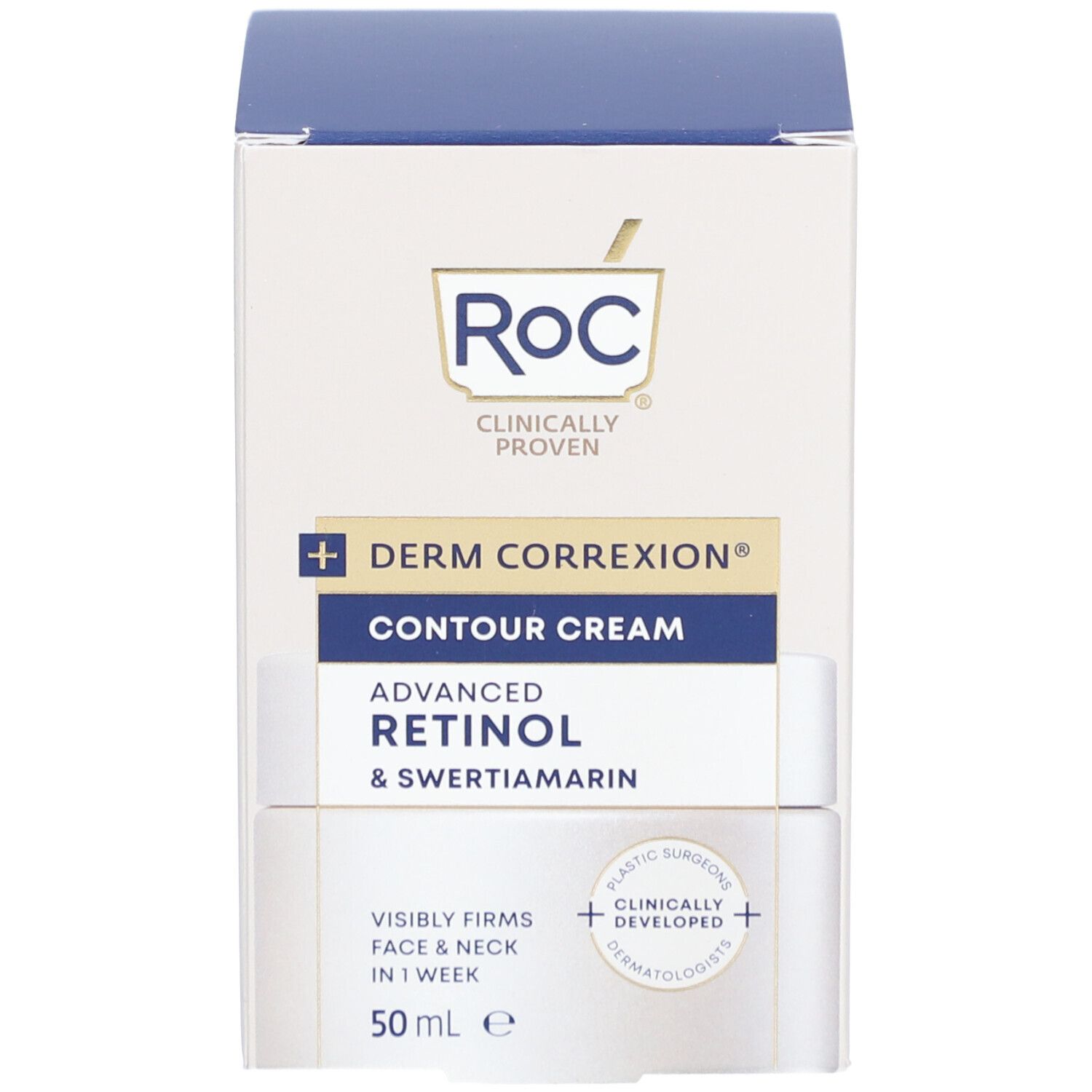 Emballage. Inscriptions : RoC, Derm Correxion, Contour Cream, Advanced Retinol. 50 ml. Raffermit visiblement visage & cou en 1 semaine.