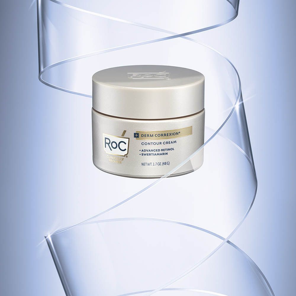 Pot de crème avec couvercle. Inscriptions : RoC, Derm Correxion, Crème Contour, Advanced Retinol, Swertiamarin. 1 oz (28g).