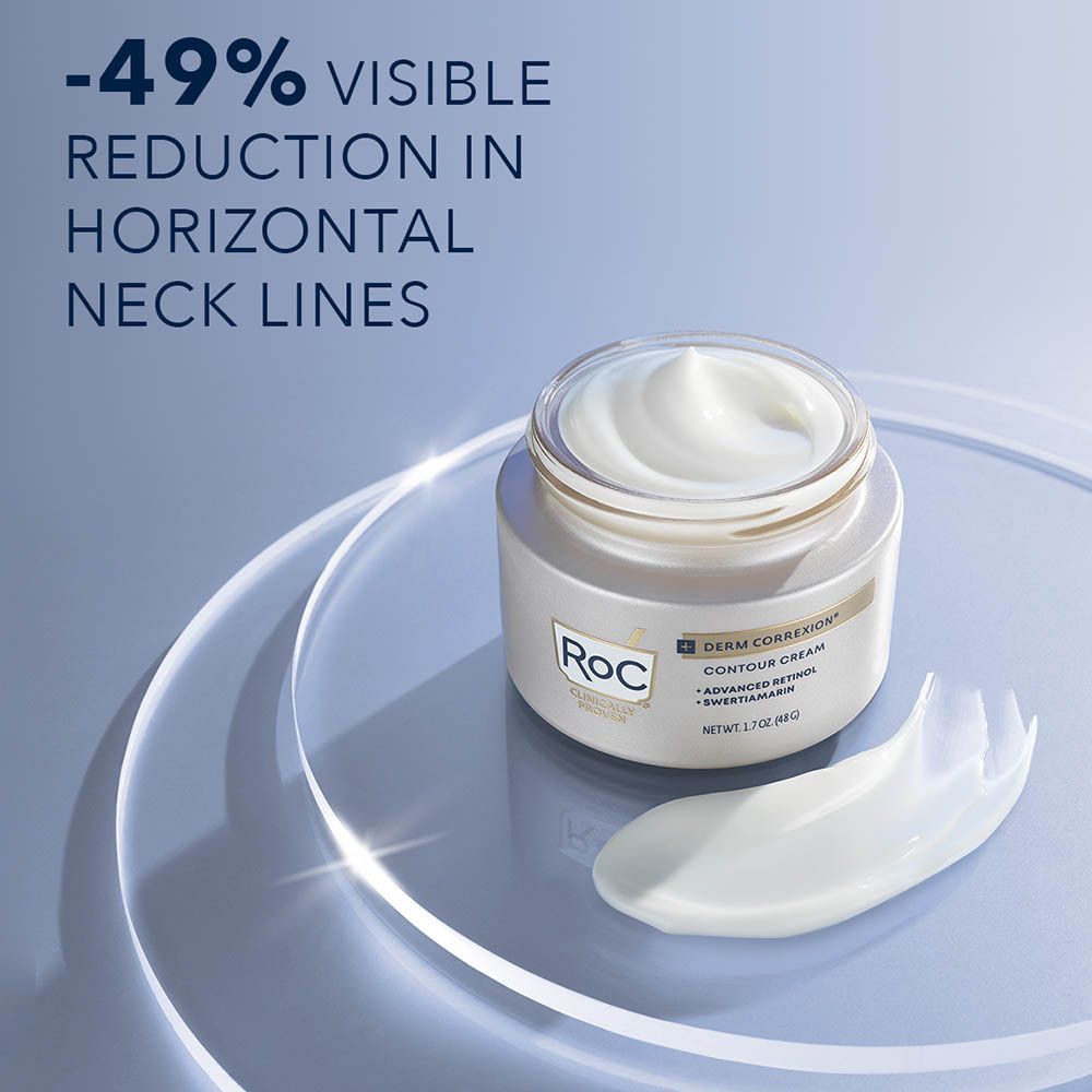 Pot de crème avec couvercle et crème. Inscriptions : RoC, Derm Correxion, Crème Contour, Advanced Retinol, Swertiamarin. Texte.