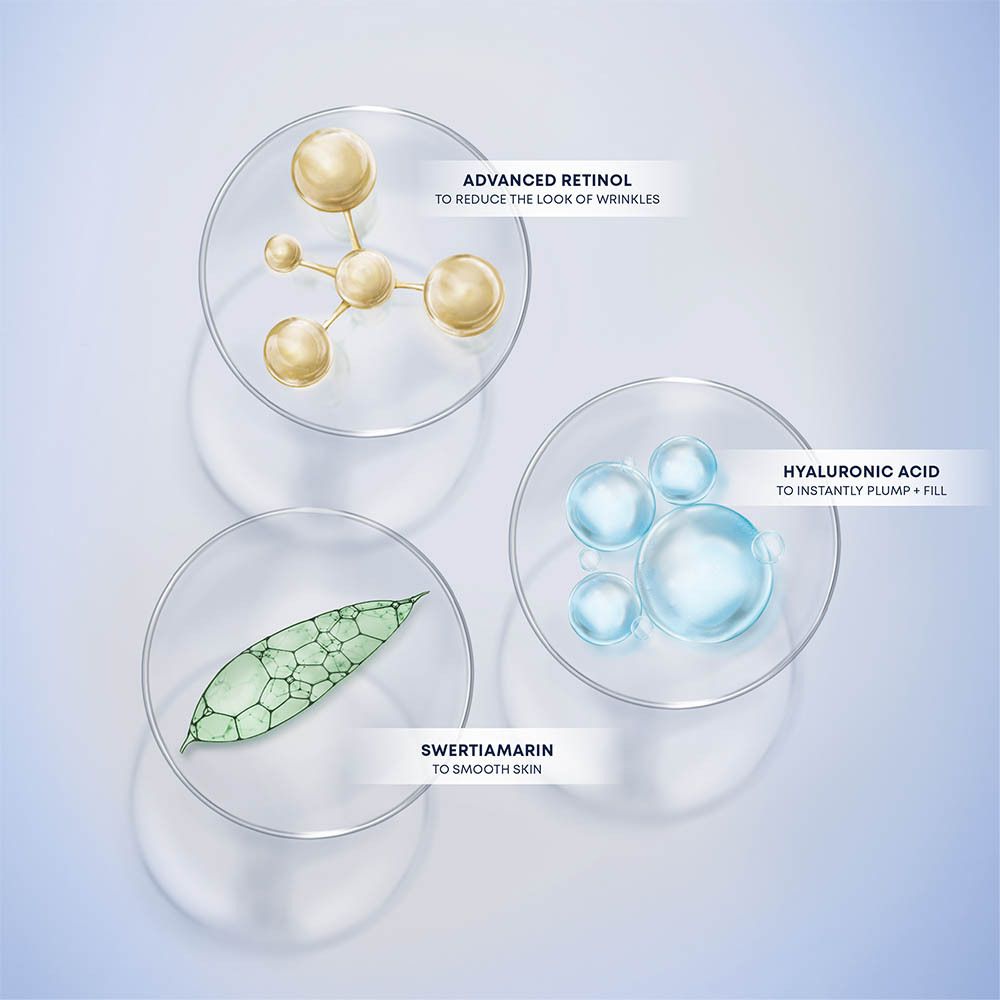 Ingrédients dans des verres. Inscriptions : Advanced Retinol, Acide hyaluronique, Swertiamarin. Représentation graphique.