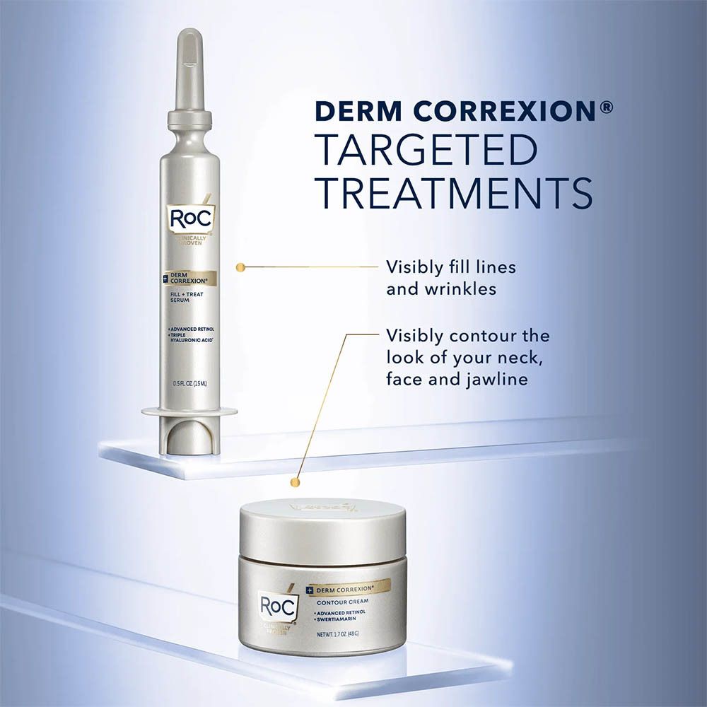 Illustration du produit. Pot de crème et sérum. Inscriptions : Derm Correxion, Targeted Treatments. Texte.