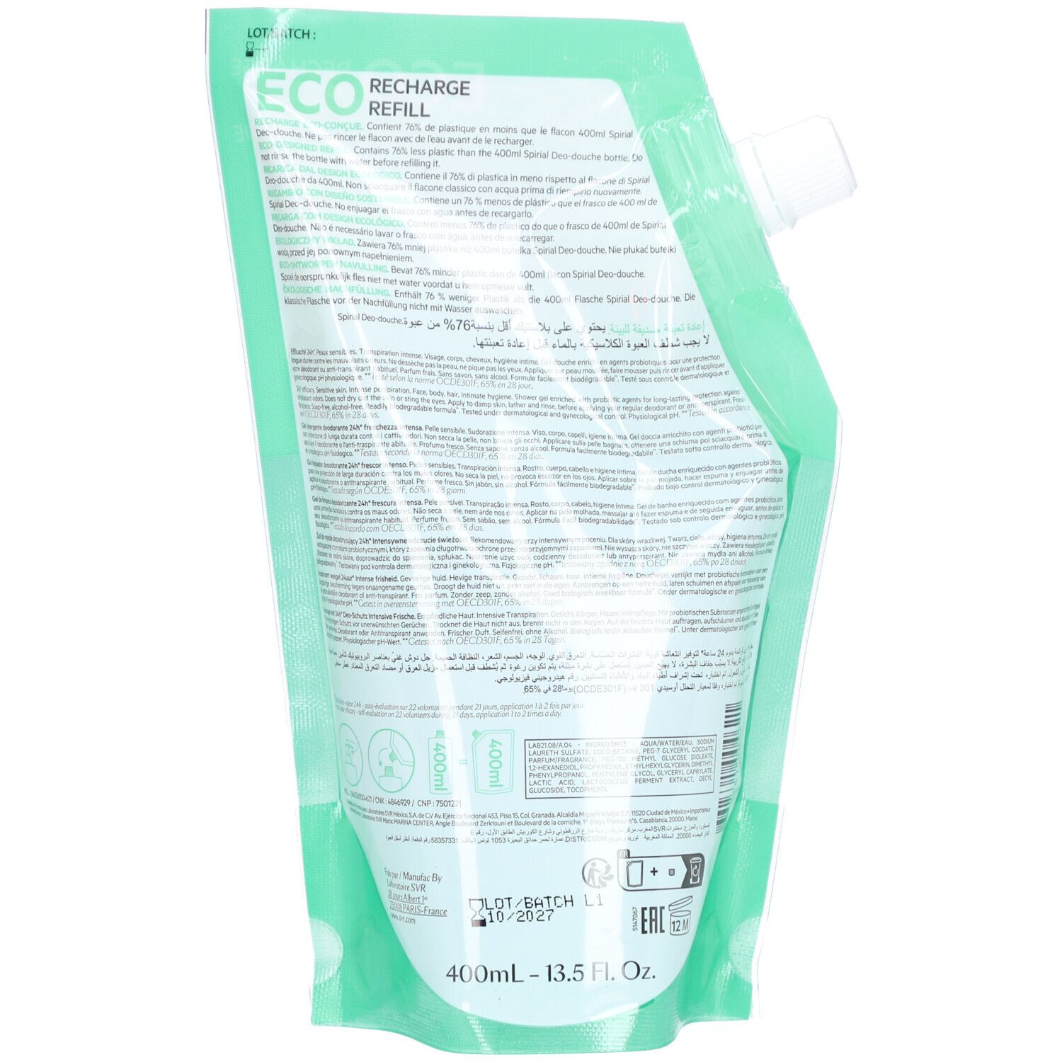 Rückseite der grünen Nachfüllpackung. Text in mehreren Sprachen. ECO RECHARGE. 400ml - 13.5 Fl. Oz. Haltbarkeitsdatum.