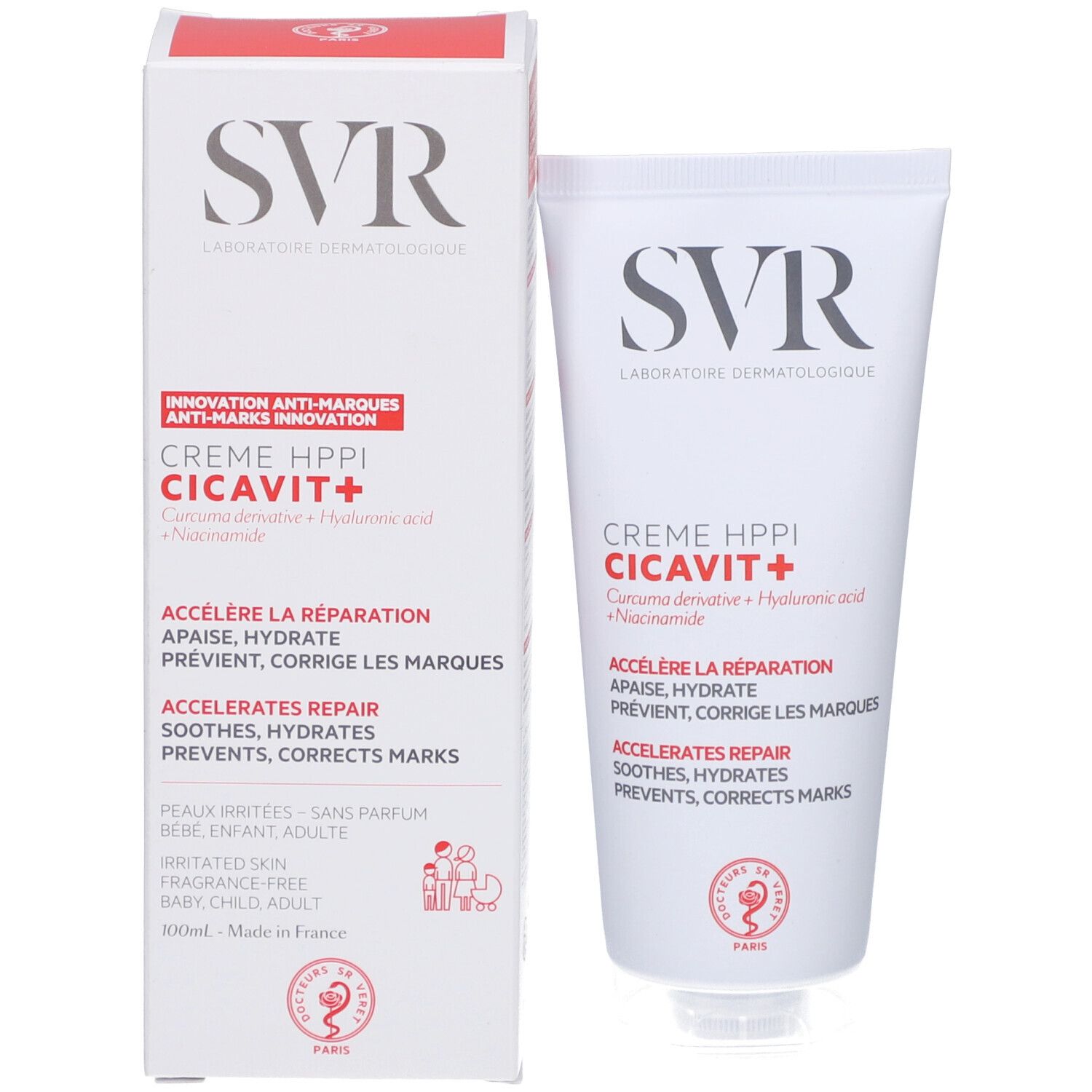 SVR Cicavit+ Crème und Verpackung. Weiße Tube und Schachtel. Produktname und Logo. Rote und schwarze Schrift.