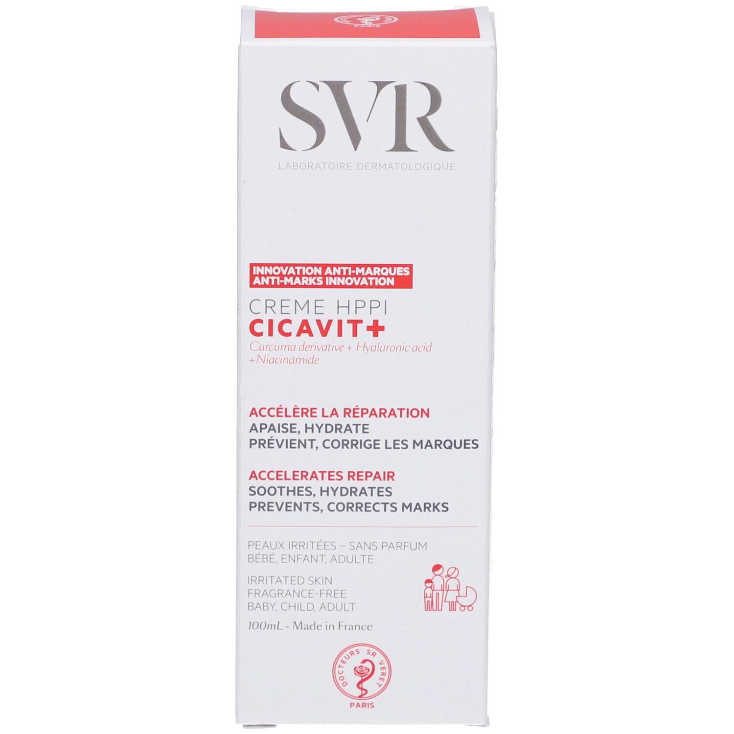 SVR Cicavit+ Crème Verpackung. Weiße Schachtel mit Produktnamen und Logo. Rote und schwarze Schrift. Dermatologisch getestet.