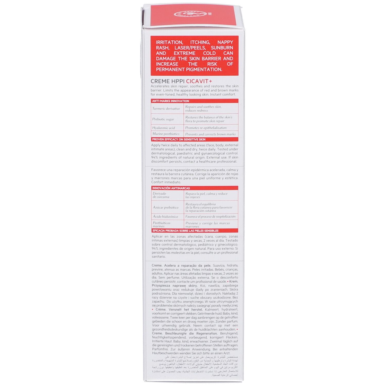 SVR Cicavit+ Crème Verpackung. Weiße Schachtel. Produktinformationen, Inhaltsstoffe und Anwendungshinweise. Rote Akzente.