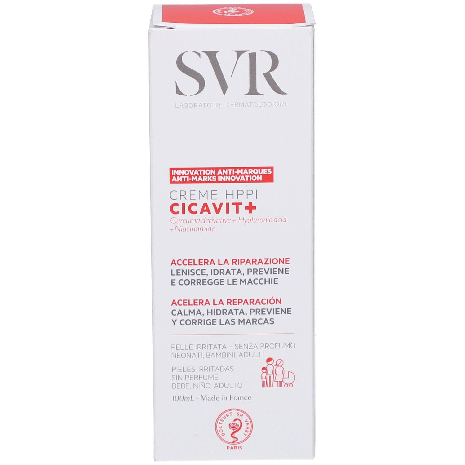 SVR Cicavit+ Crème Verpackung. Weiße Schachtel. Produktname, Logo und Inhaltsstoffe. Rote und schwarze Schrift.