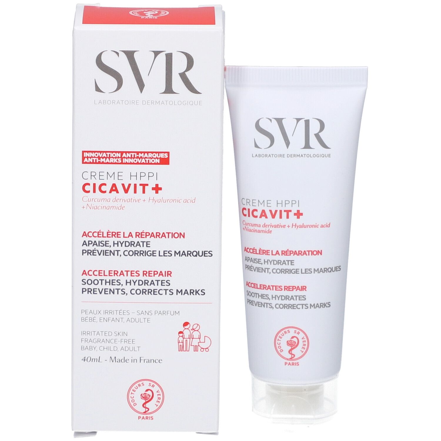 Produktverpackung. Tube und Schachtel. SVR Crème HPPI Cicavit+. Enthält Hyaluronsäure. 40ml.