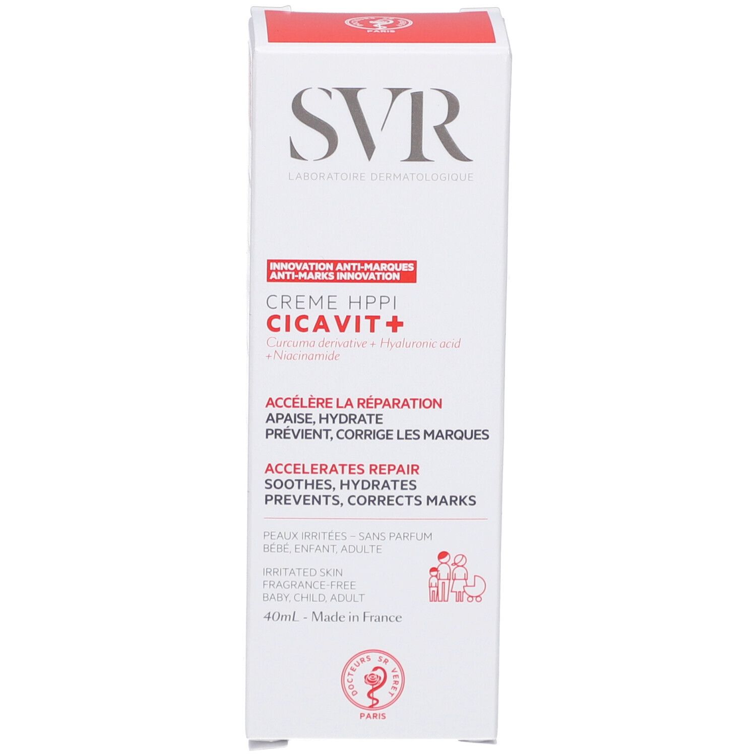 Produktverpackung. Schachtel mit SVR Crème HPPI Cicavit+. Enthält Hyaluronsäure. 40ml.