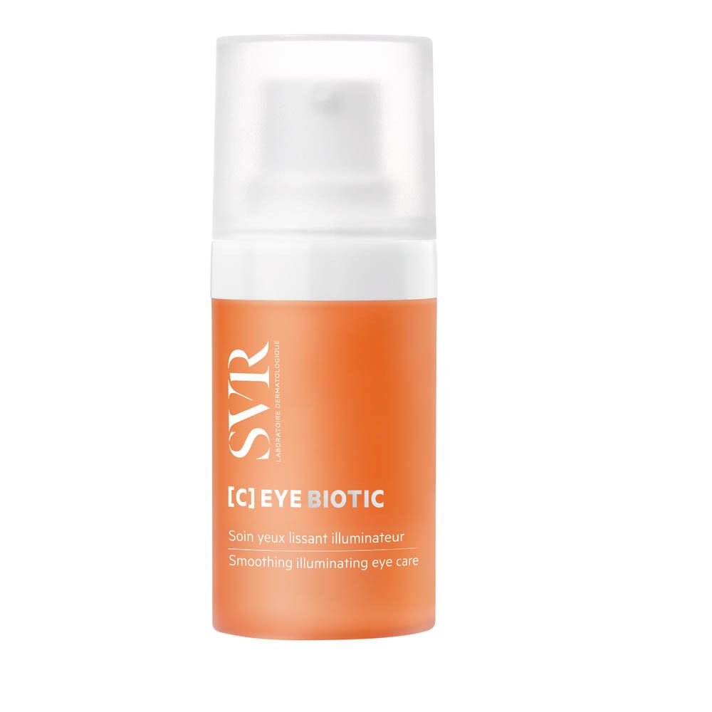 Oranje fles met witte dop. Opschrift: [C] EYE BIOTIC, SVR. Oogverzorging.