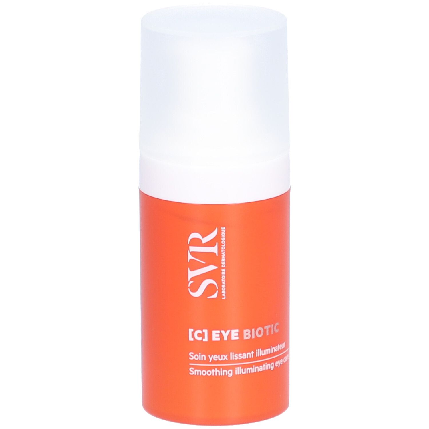 Oranje fles met witte dop. Opschrift: [C] EYE BIOTIC, SVR. Oogverzorging.