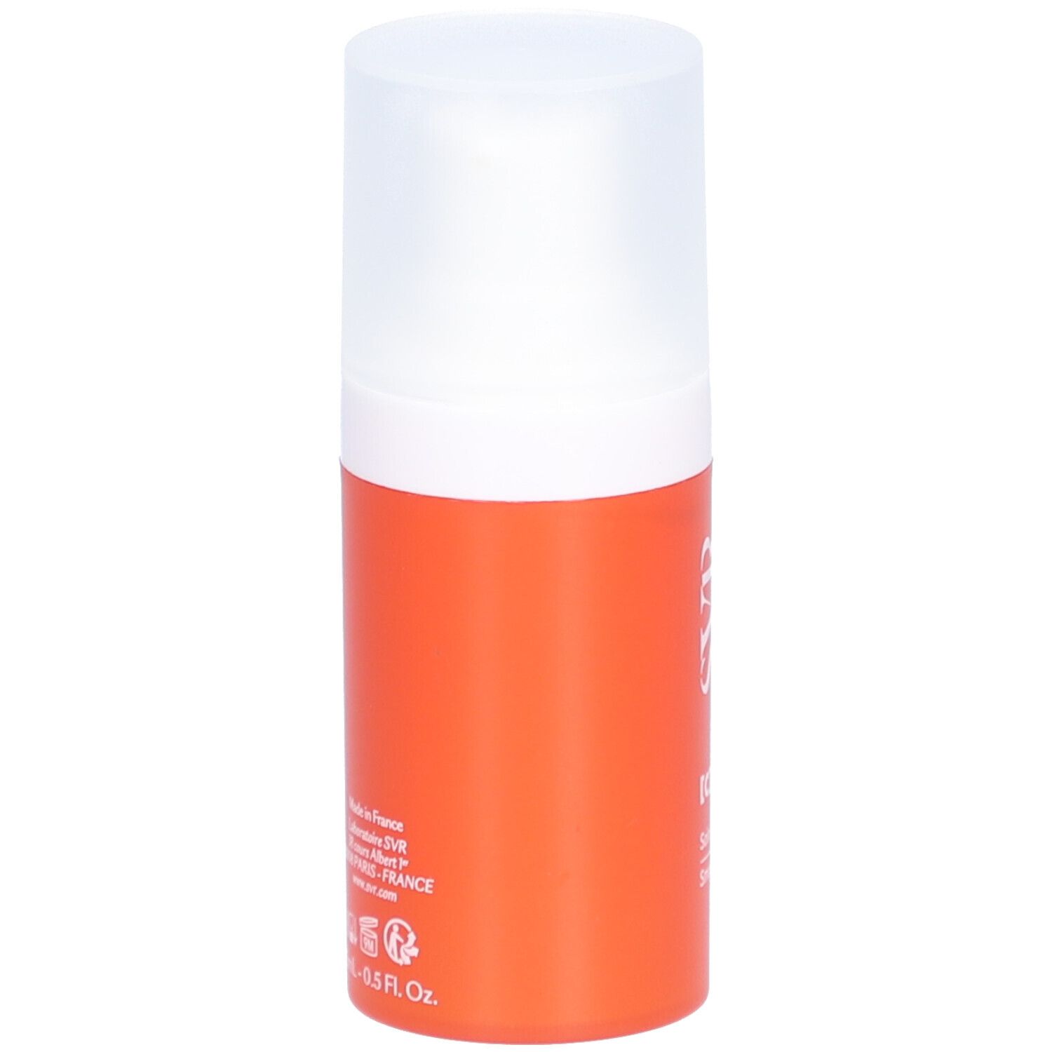 Oranje fles met witte dop. Opschrift: [C] EYE BIOTIC, SVR. Oogverzorging.